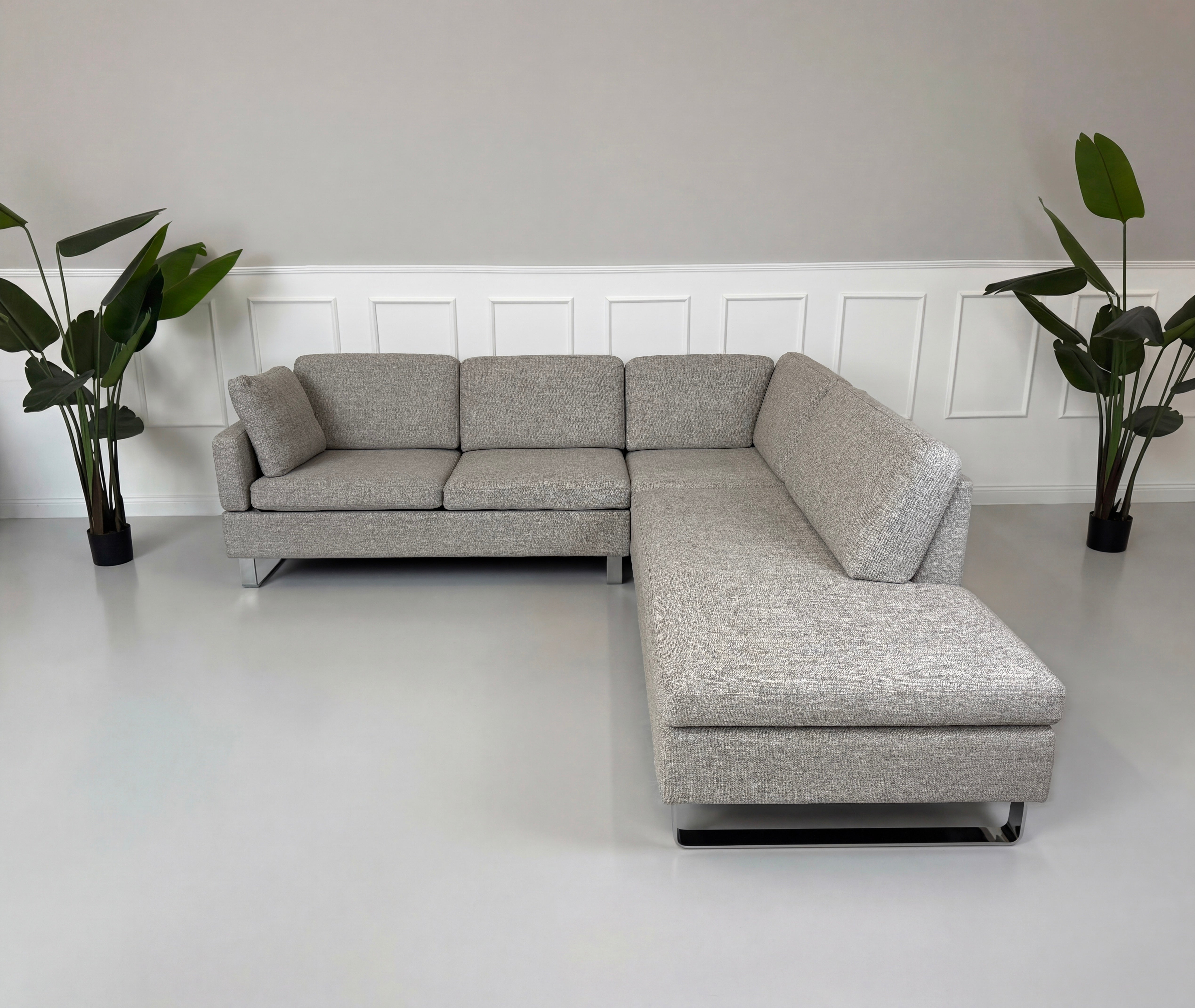 Gebrauchtes graues Brühl Alba Designer Stoff Sofa vor einer Wand, stilvoll und modern eingerichtet