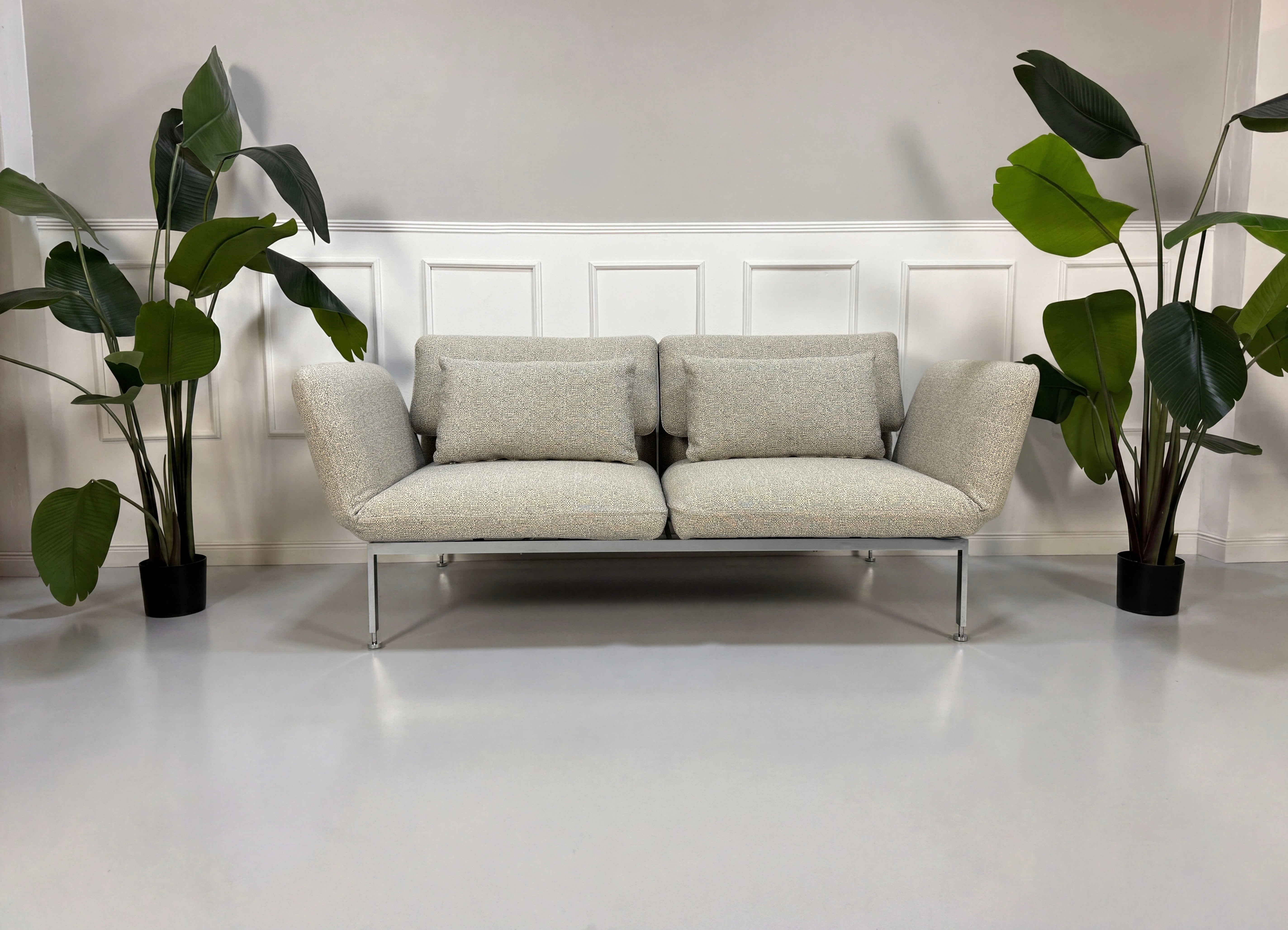 Gebrauchtes graues Brühl Roro Designer Stoff Sofa vor einer Wand, stilvoll und modern eingerichtet.
