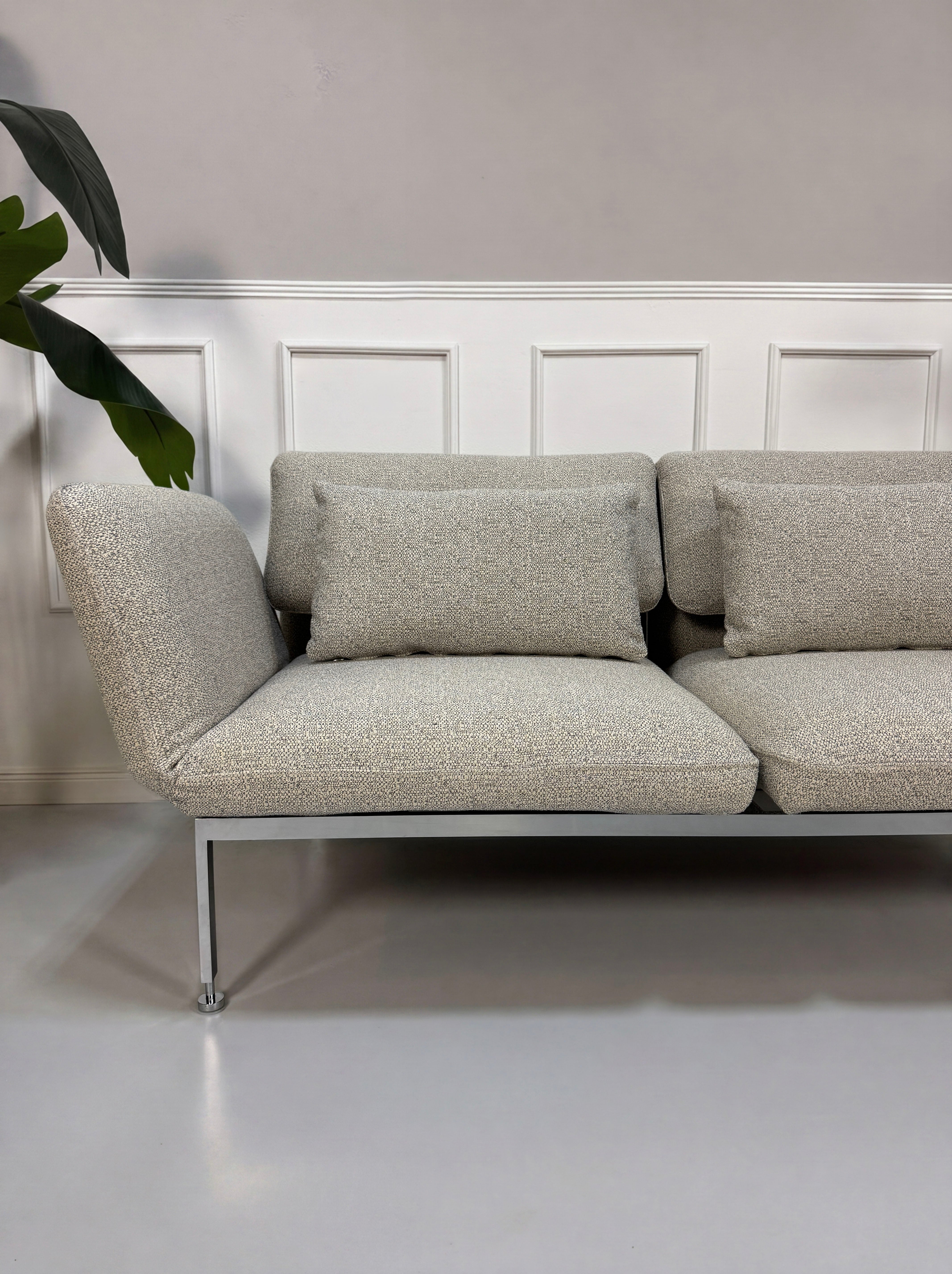 Gebrauchtes graues Brühl Roro Designer Stoff Sofa vor einer Wand, stilvoll und modern eingerichtet.