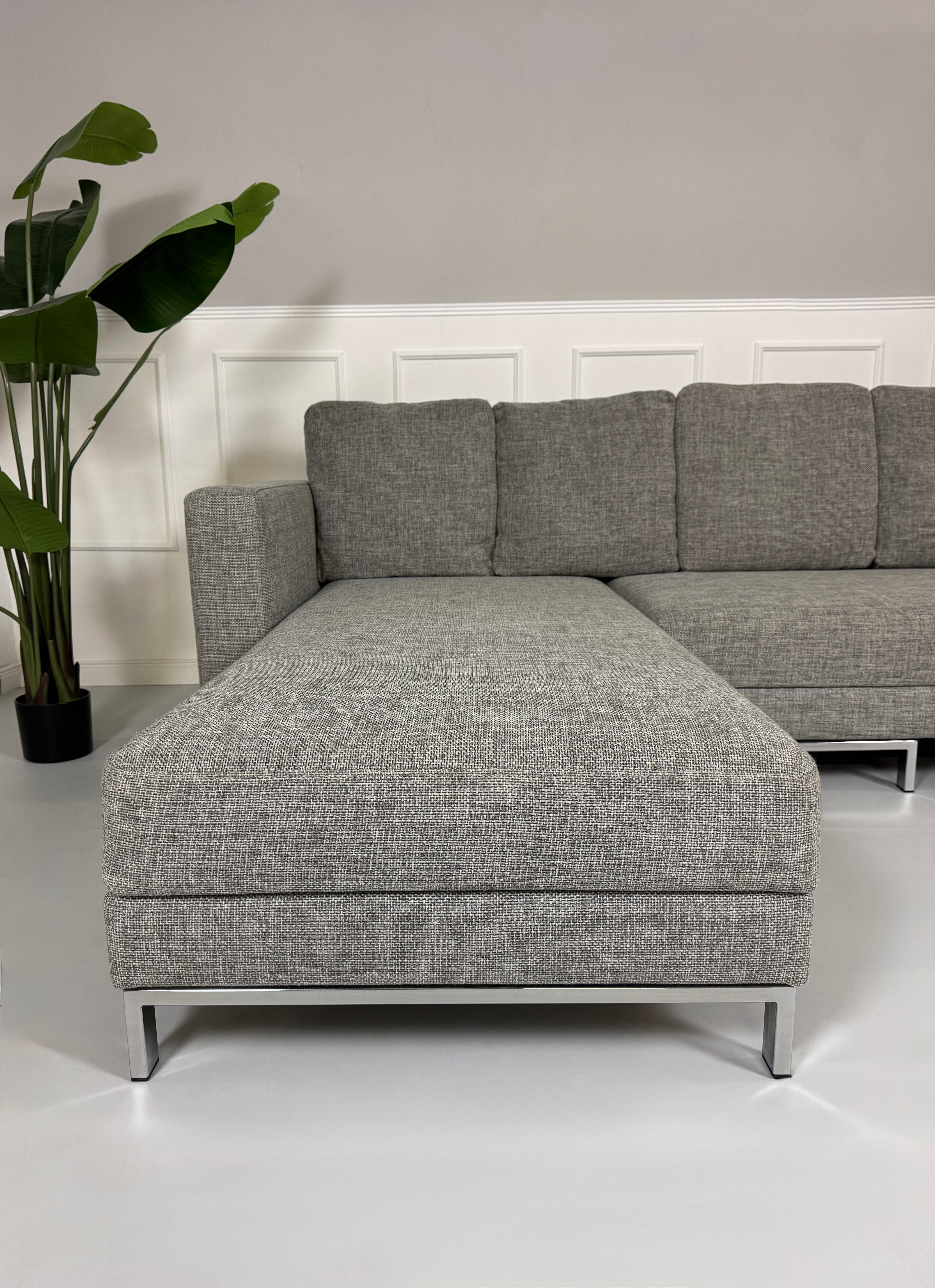 Gebrauchtes graues Brühl Four Two Designer Stoff Sofa vor einer Wand, stilvoll und modern eingerichtet.