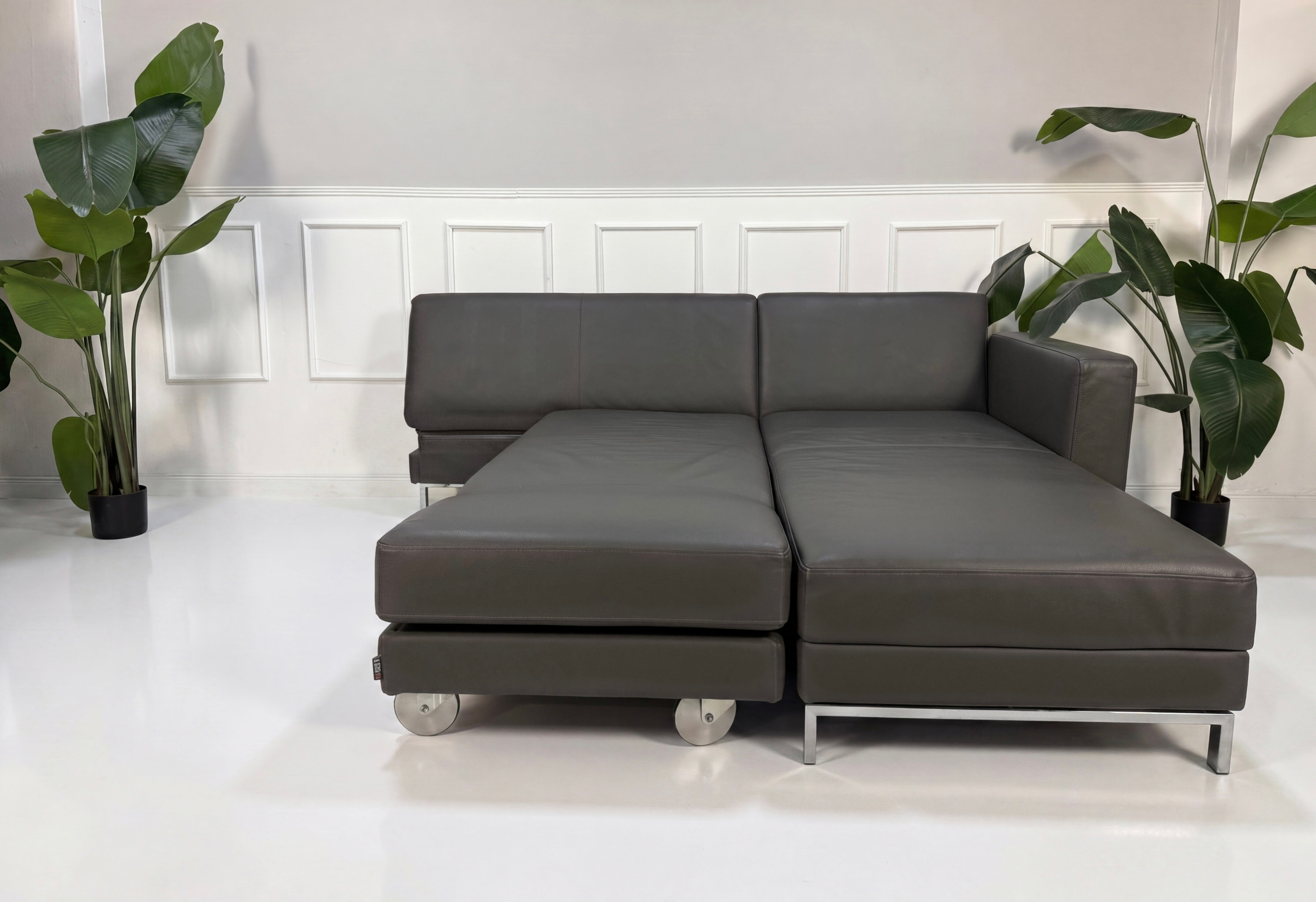 Gebrauchtes graues Brühl Fourwto Designer Leder Sofa vor einer Wand, stilvoll und modern eingerichtet.