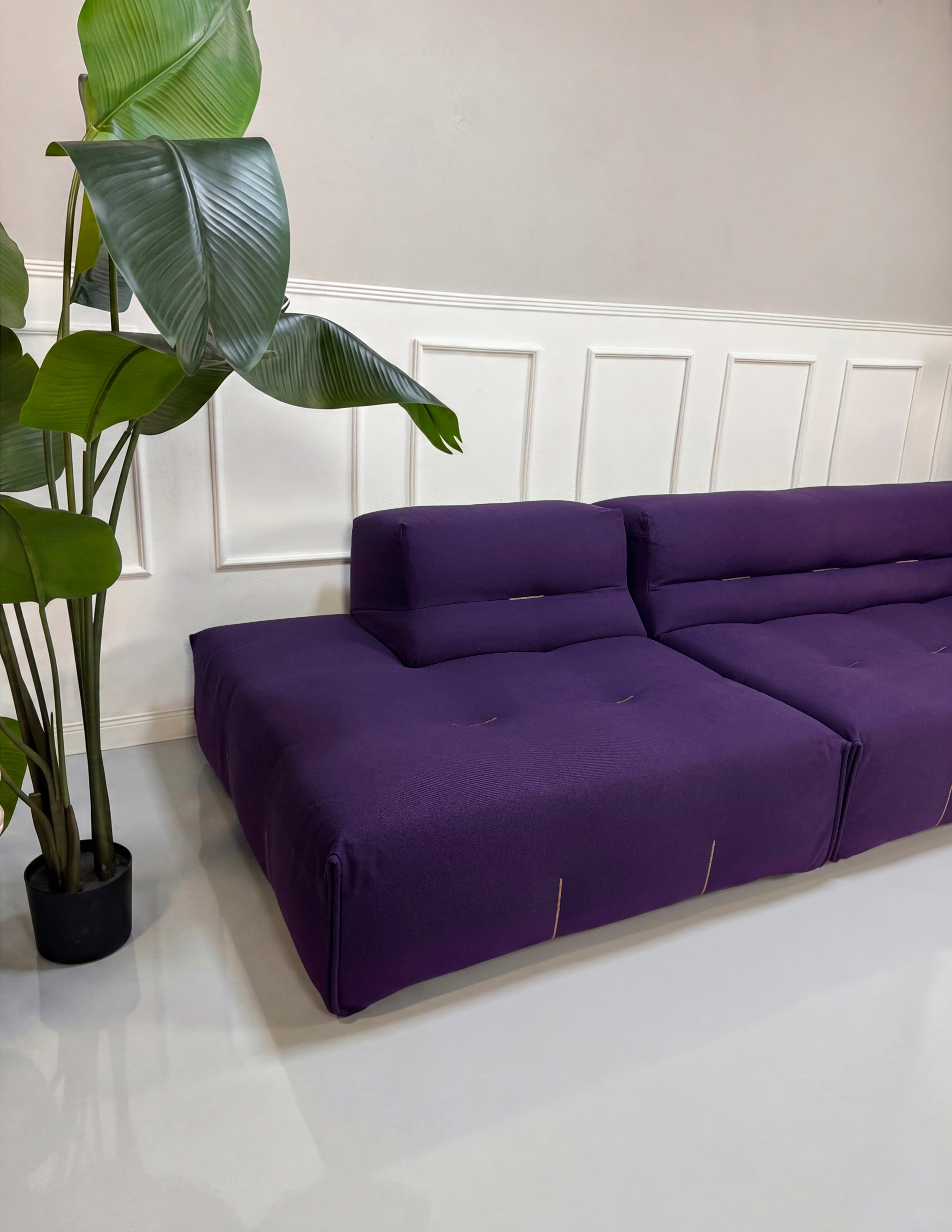 Gebrauchtes lila B&B Italia Tufty Too Designer Stoff Sofa vor einer Wand, stilvoll und modern eingerichtet.