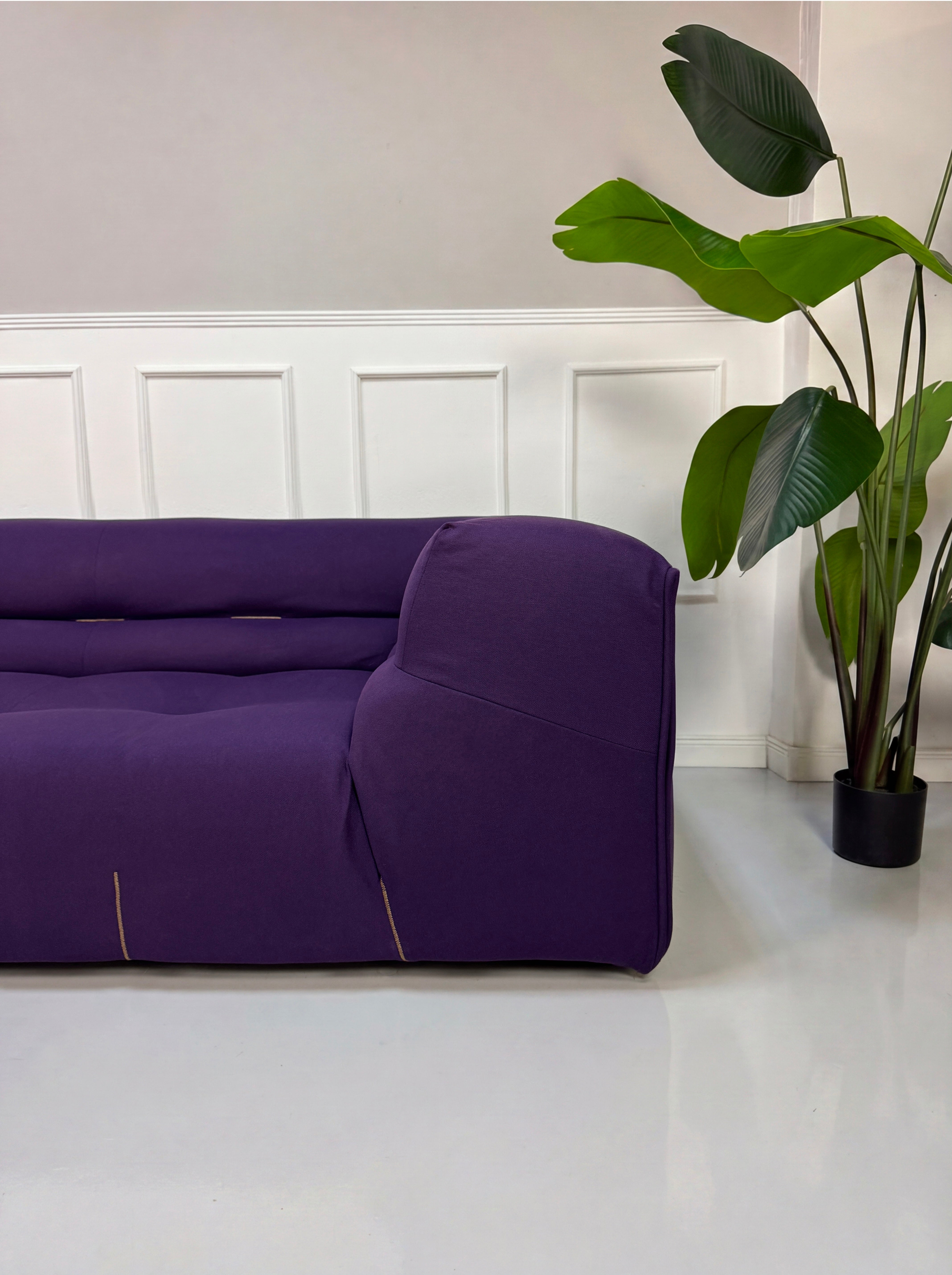 Gebrauchtes lila B&B Italia Tufty Too Designer Stoff Sofa vor einer Wand, stilvoll und modern eingerichtet.