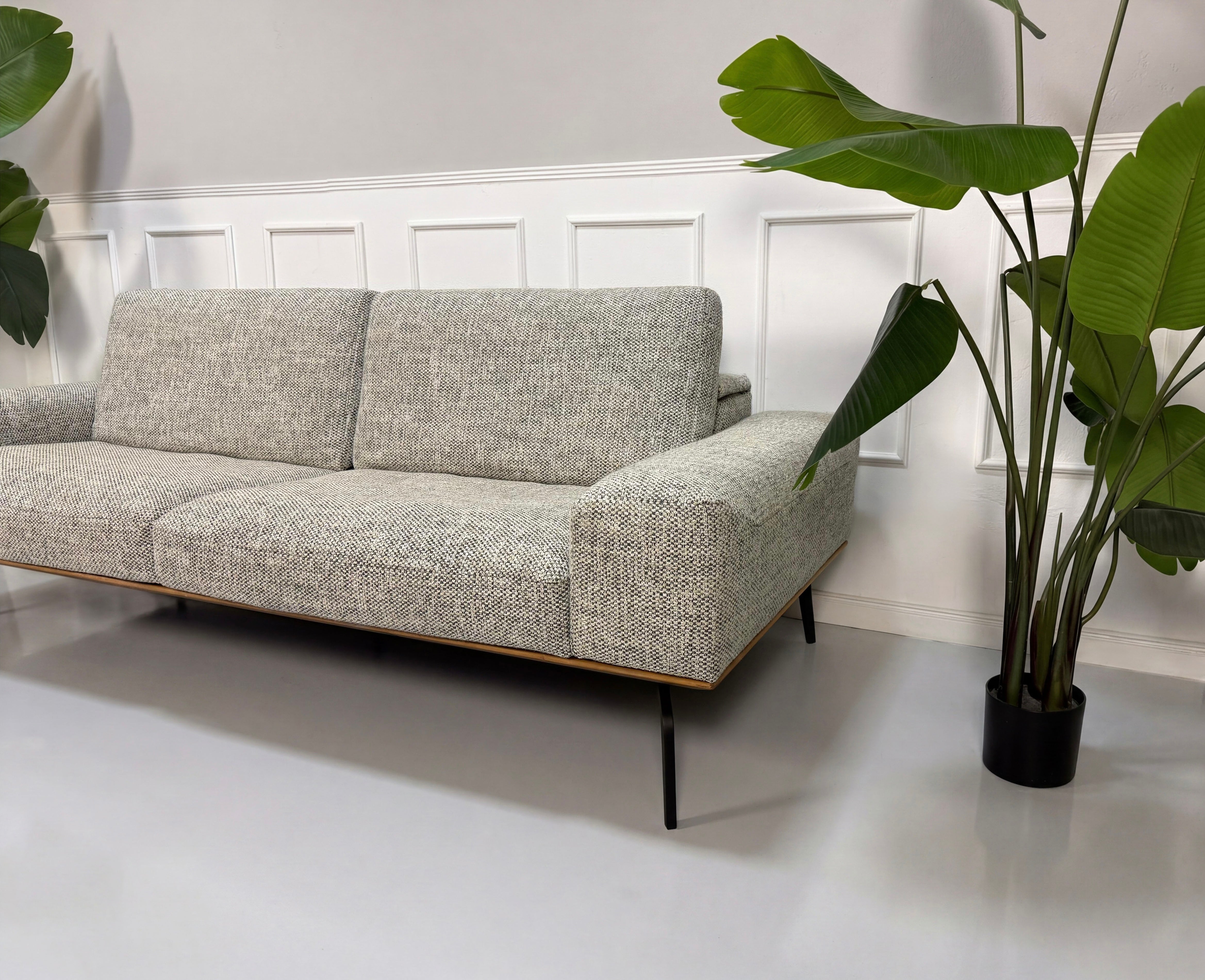 Gebrauchtes graues Koinor Hiero Designer Stoff Sofa vor einer Wand, stilvoll und modern eingerichtet.