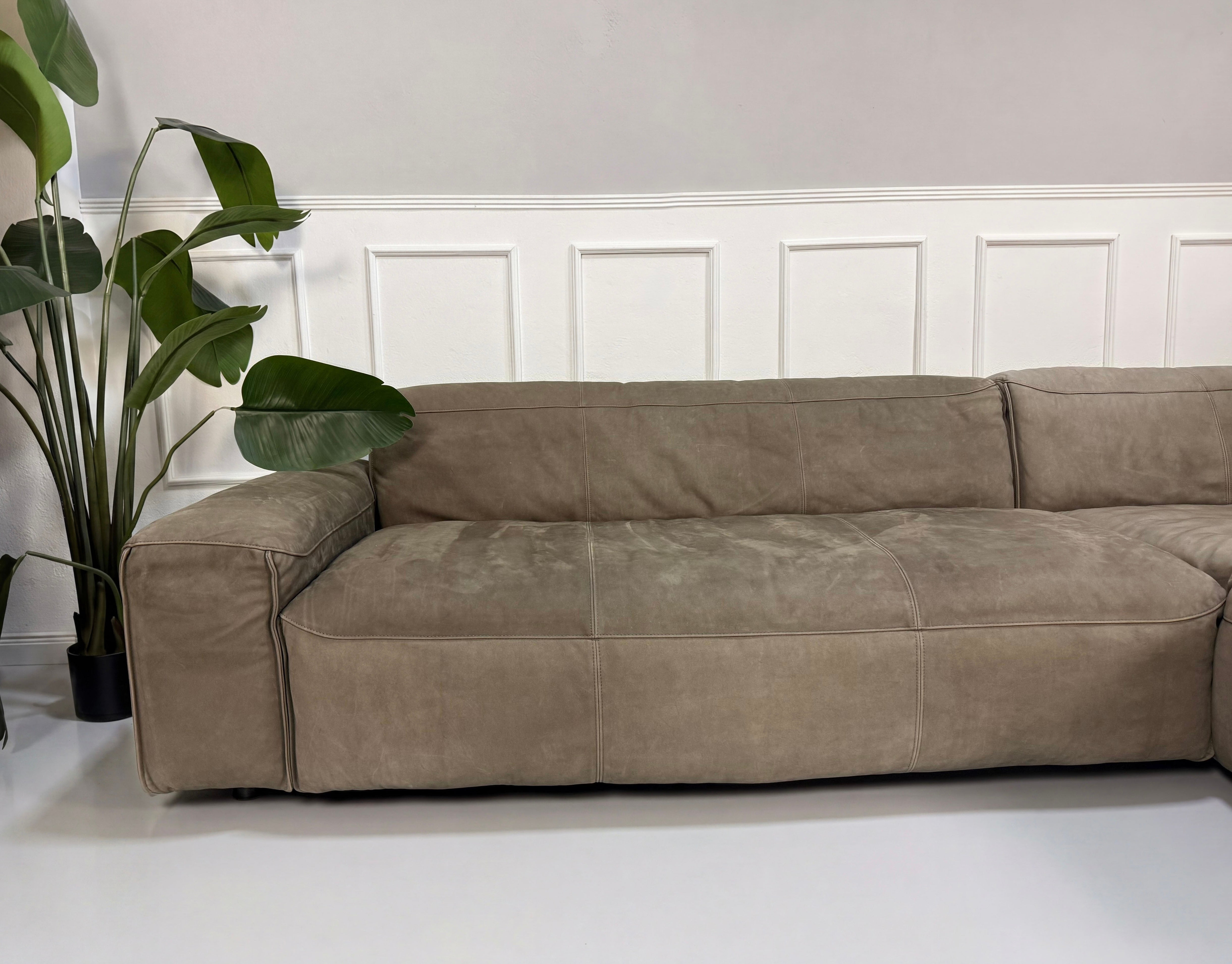 Gebrauchtes braunes Rolf Benz Mio Designer Leder Sofa vor einer Wand, stilvoll und modern eingerichtet.
