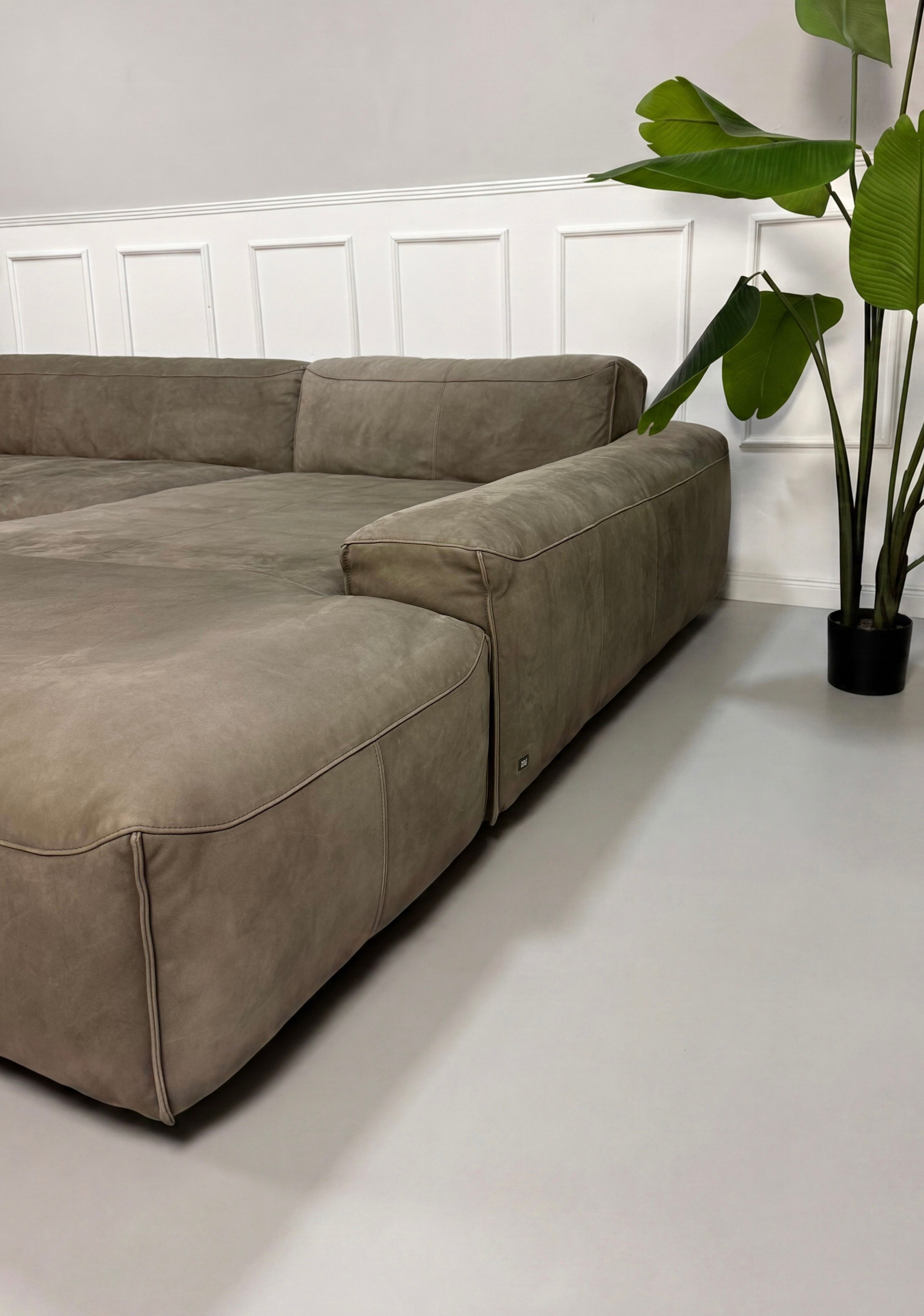 Gebrauchtes braunes Rolf Benz Mio Designer Leder Sofa vor einer Wand, stilvoll und modern eingerichtet.
