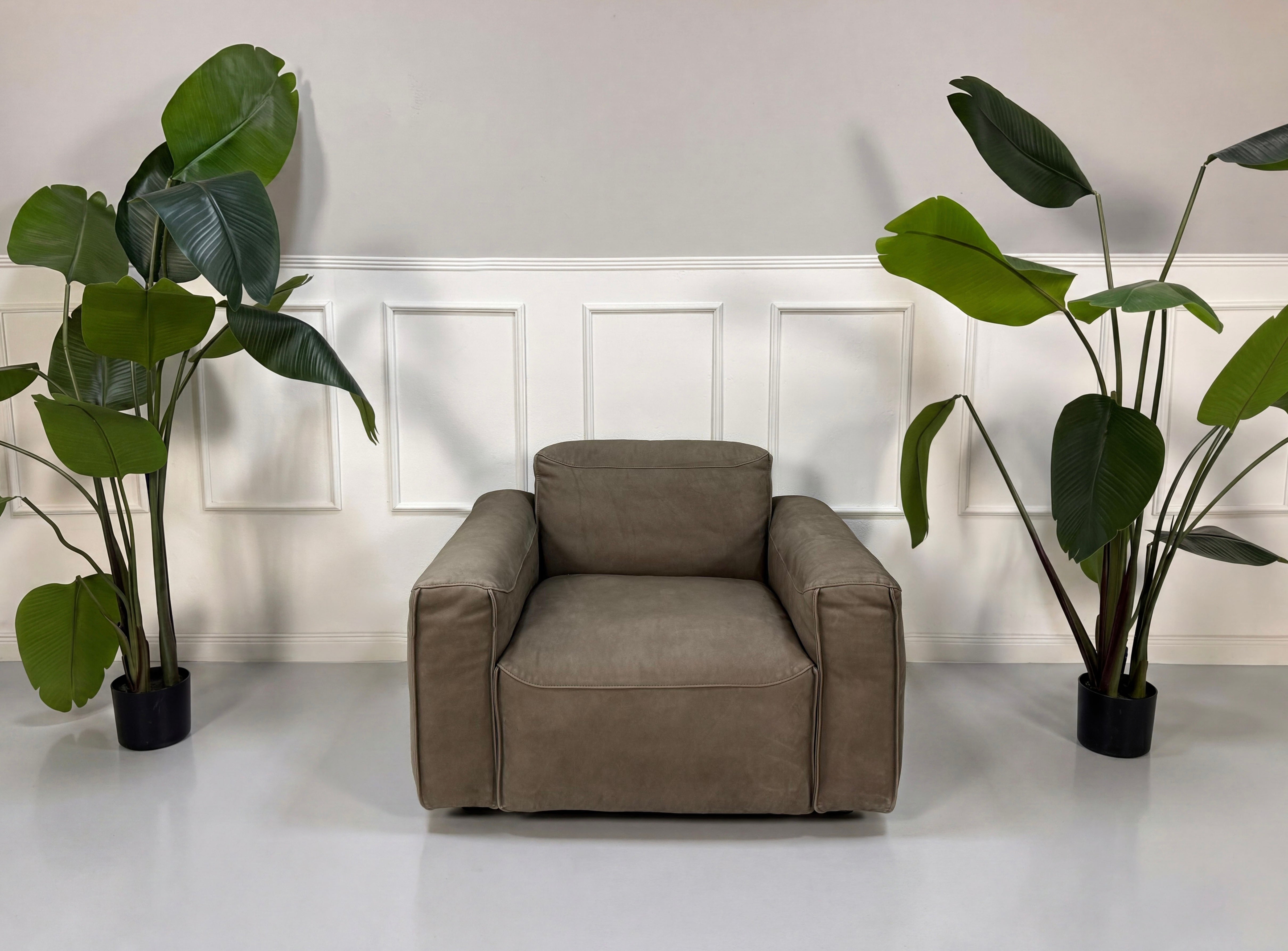 Gebrauchter braunen Rolf Benz Mio  Designer Leder Sessel vor einer Wand, stilvoll und modern eingerichtet.
