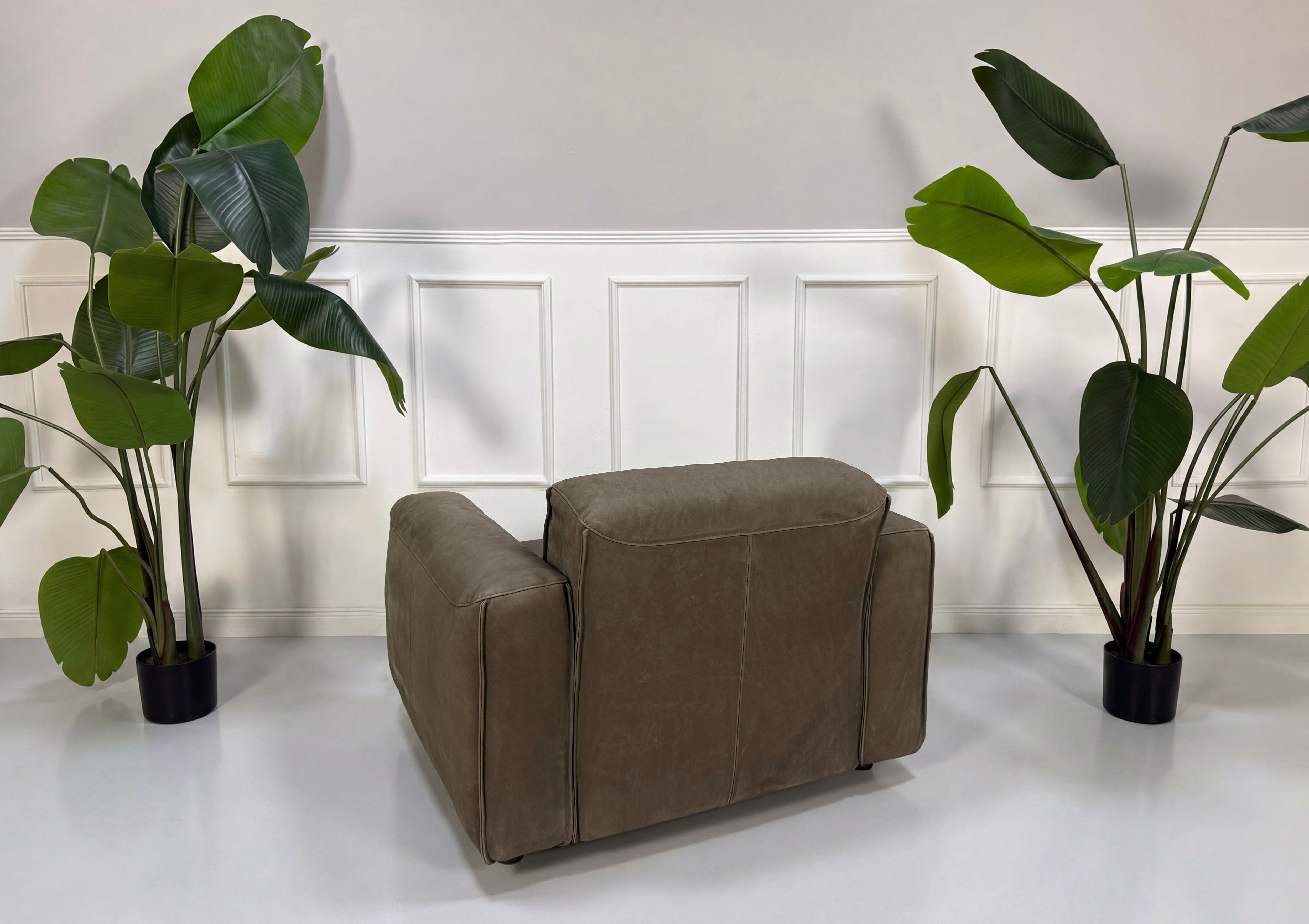 Gebrauchter braunen Rolf Benz Mio  Designer Leder Sessel vor einer Wand, stilvoll und modern eingerichtet.
