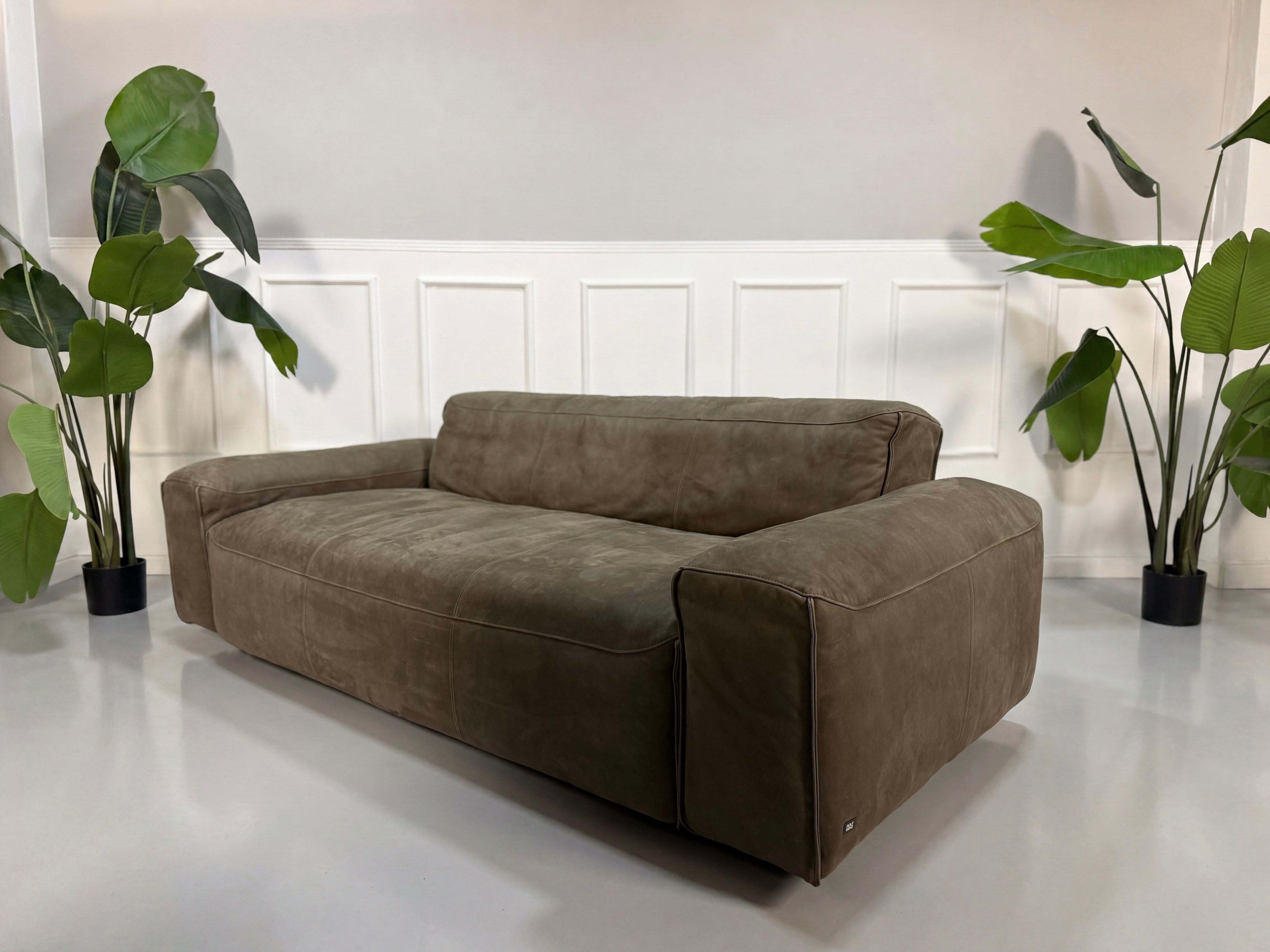 Gebrauchtes braunes Rolf Benz Mio Designer Leder Sofa vor einer Wand, stilvoll und modern eingerichtet.