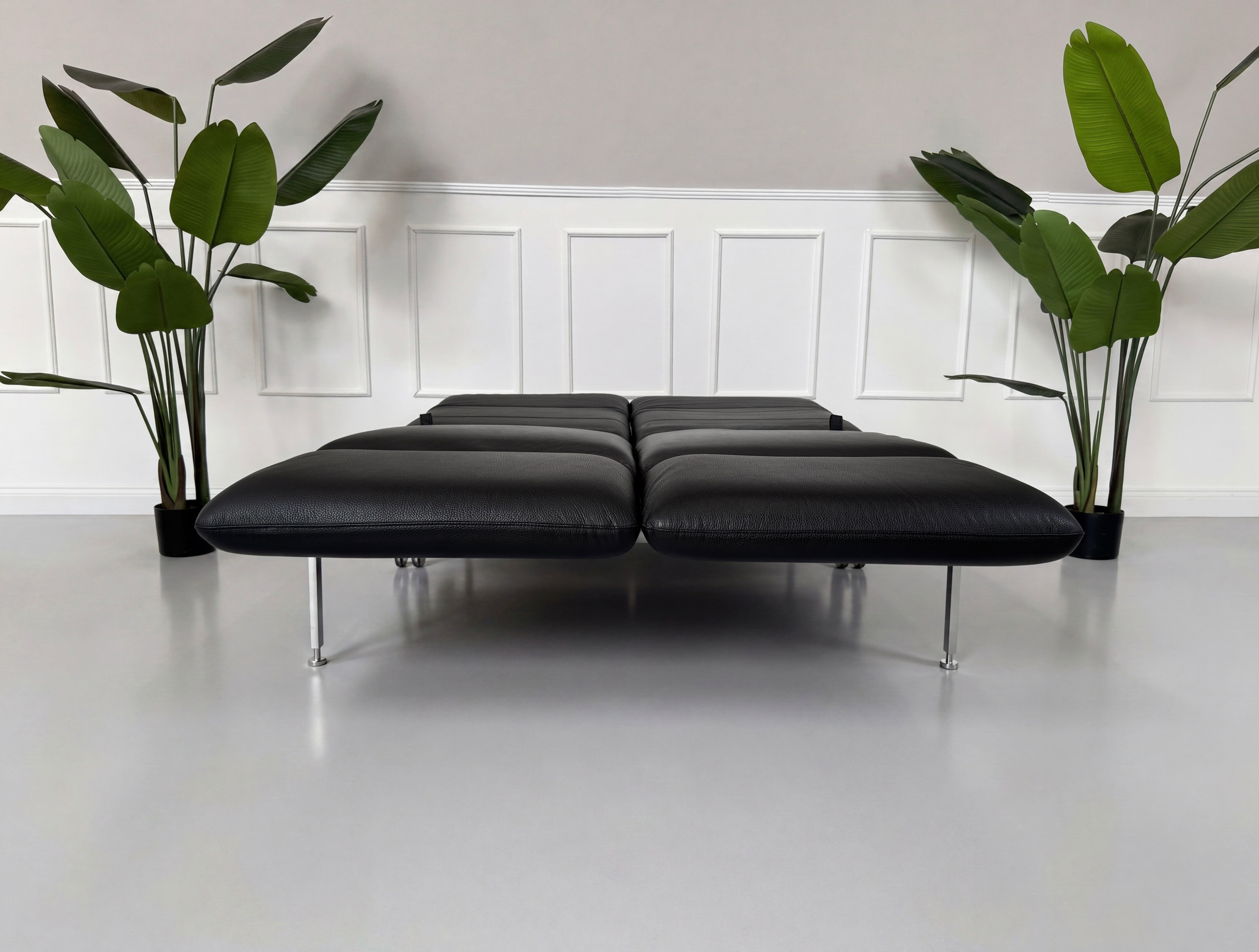 Gebrauchtes schwarzes Brühl Roro Small Designer Leder Sofa vor einer Wand, stilvoll und modern eingerichtet.