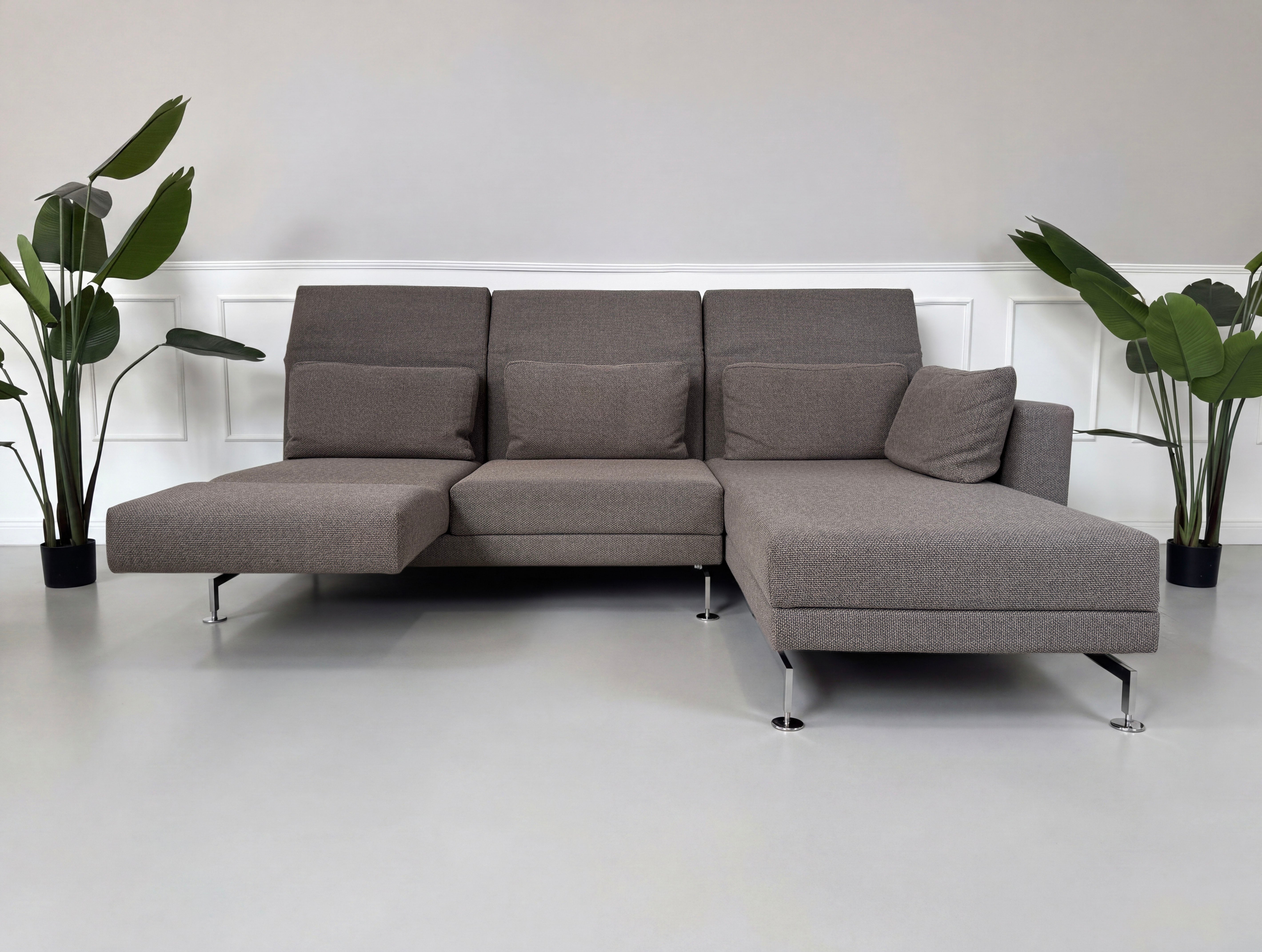Gebrauchtes braun graues Brühl Moule Designer Stoff Sofa vor einer Wand, stilvoll und modern eingerichtet.
