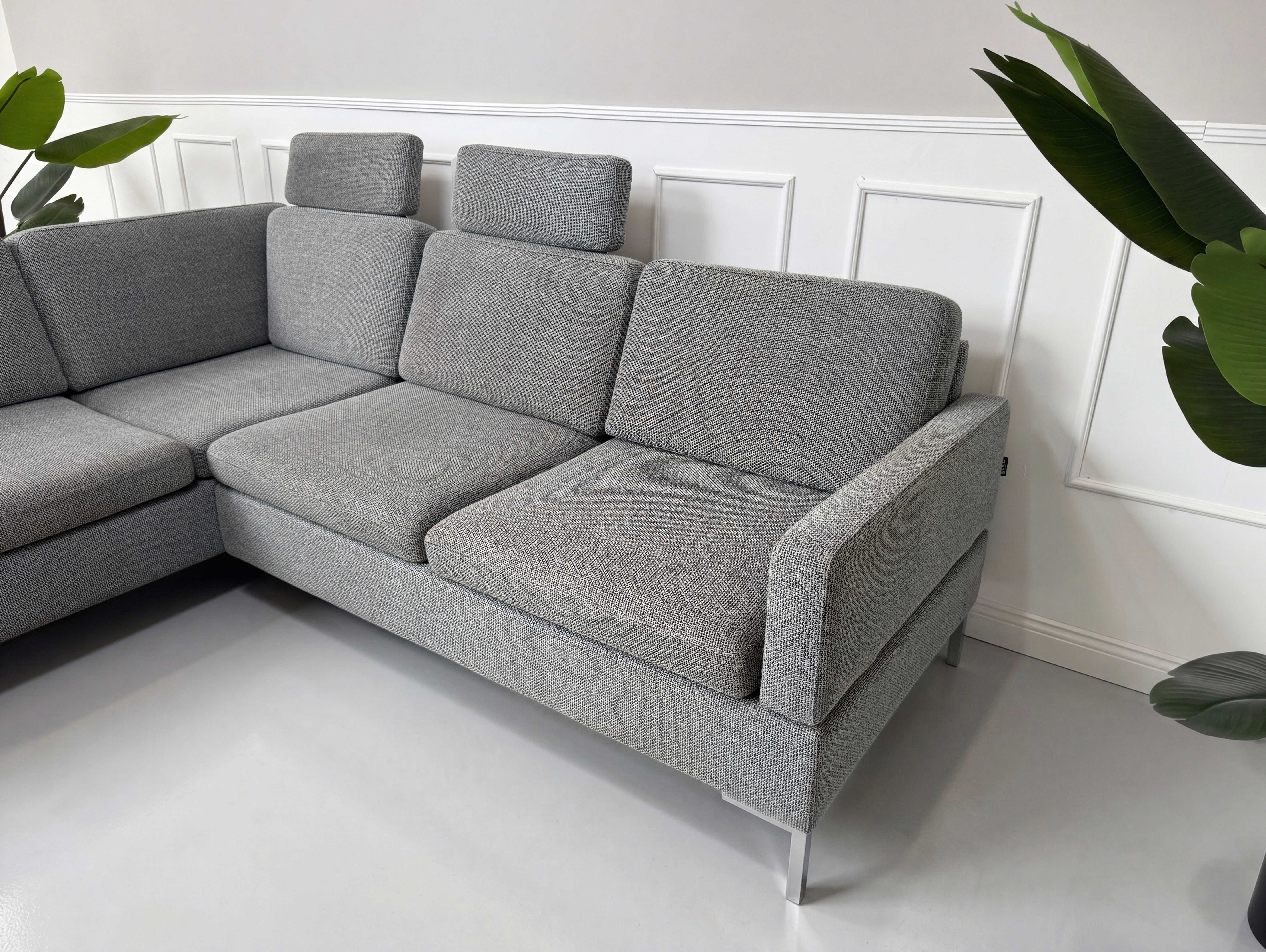 Gebrauchtes graues Brühl Alba Designer Stoff Sofa vor einer Wand, stilvoll und modern eingerichtet.