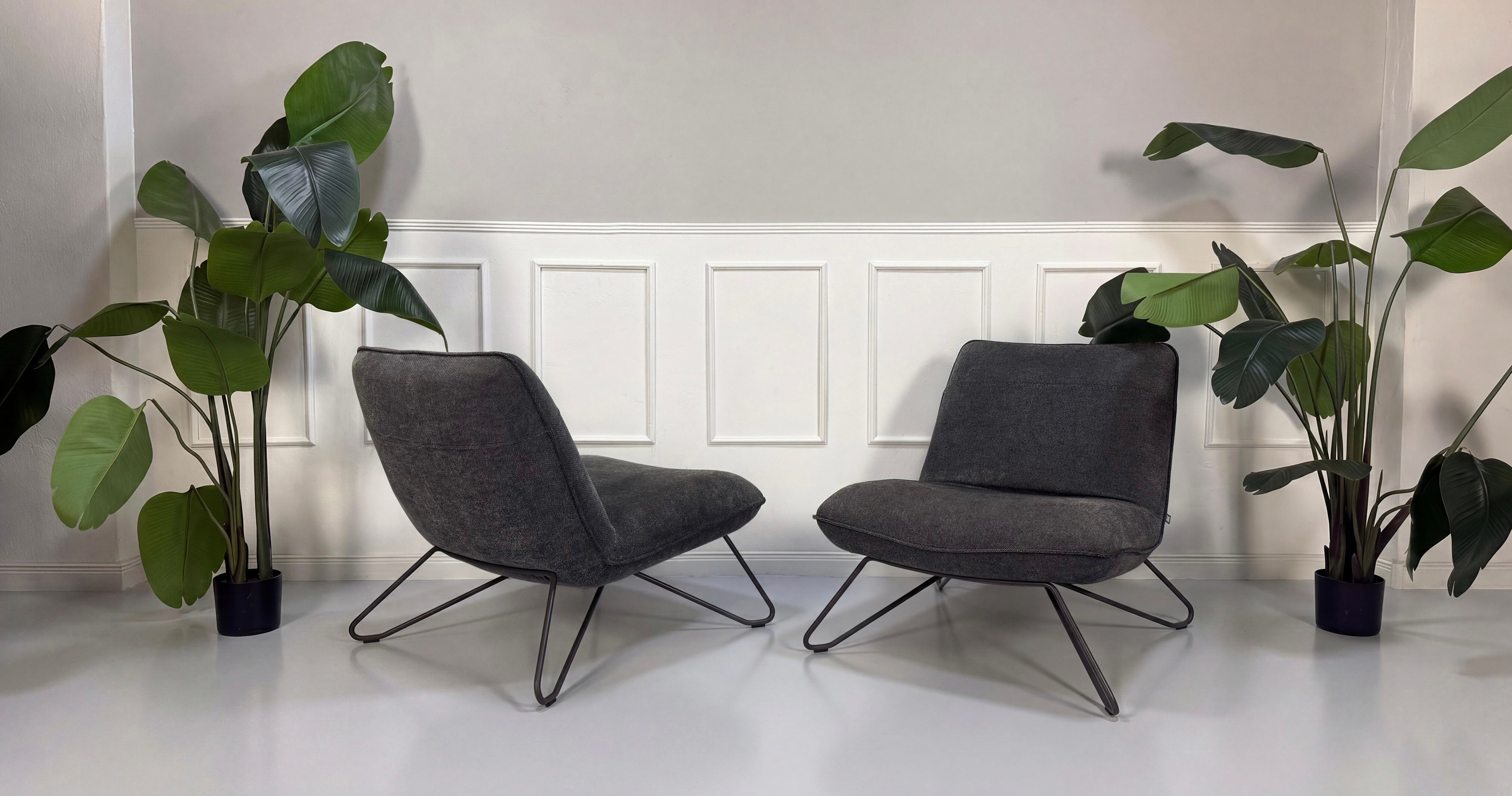 Gebrauchte graue 394 Rolf Benz Designer Stoff Sessel vor einer Wand, stilvoll und modern eingerichtet.
