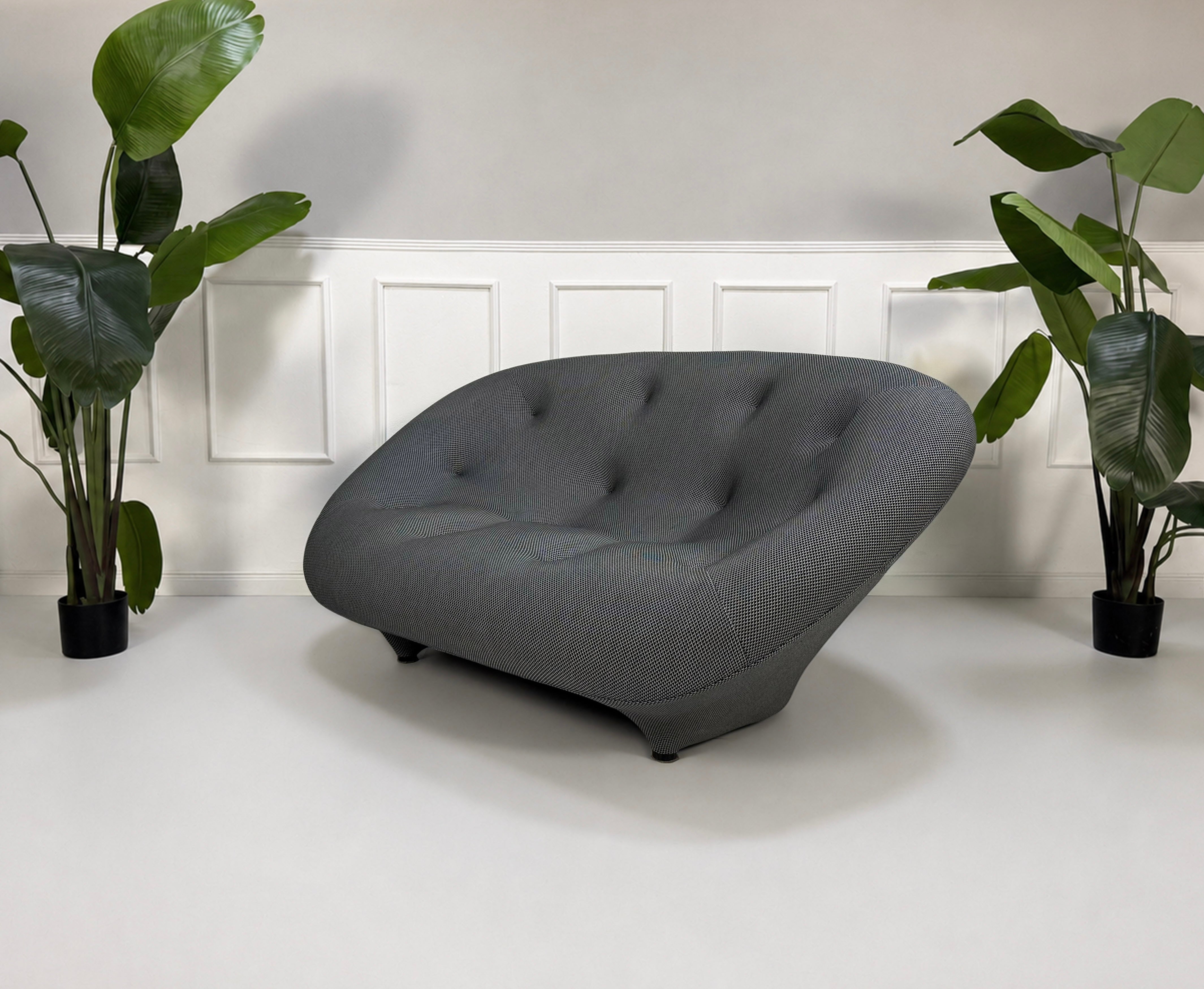 Gebrauchtes graues Ligne Roset Designer Stoff Sofa vor einer Wand, stilvoll und modern eingerichtet.