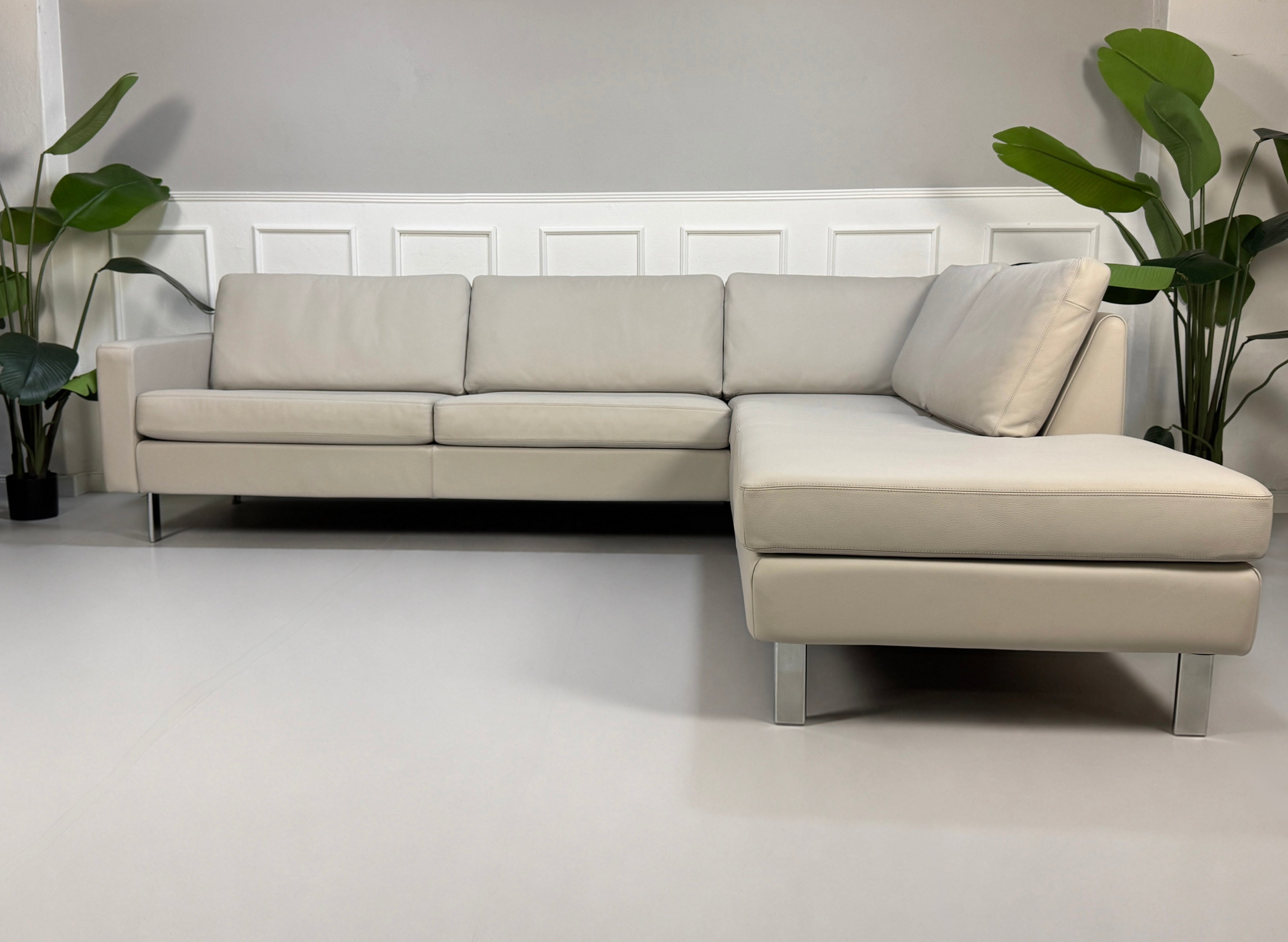 Gebrauchtes graues COR Conseta Designer Leder Sofa vor einer Wand, stilvoll und modern eingerichtet.