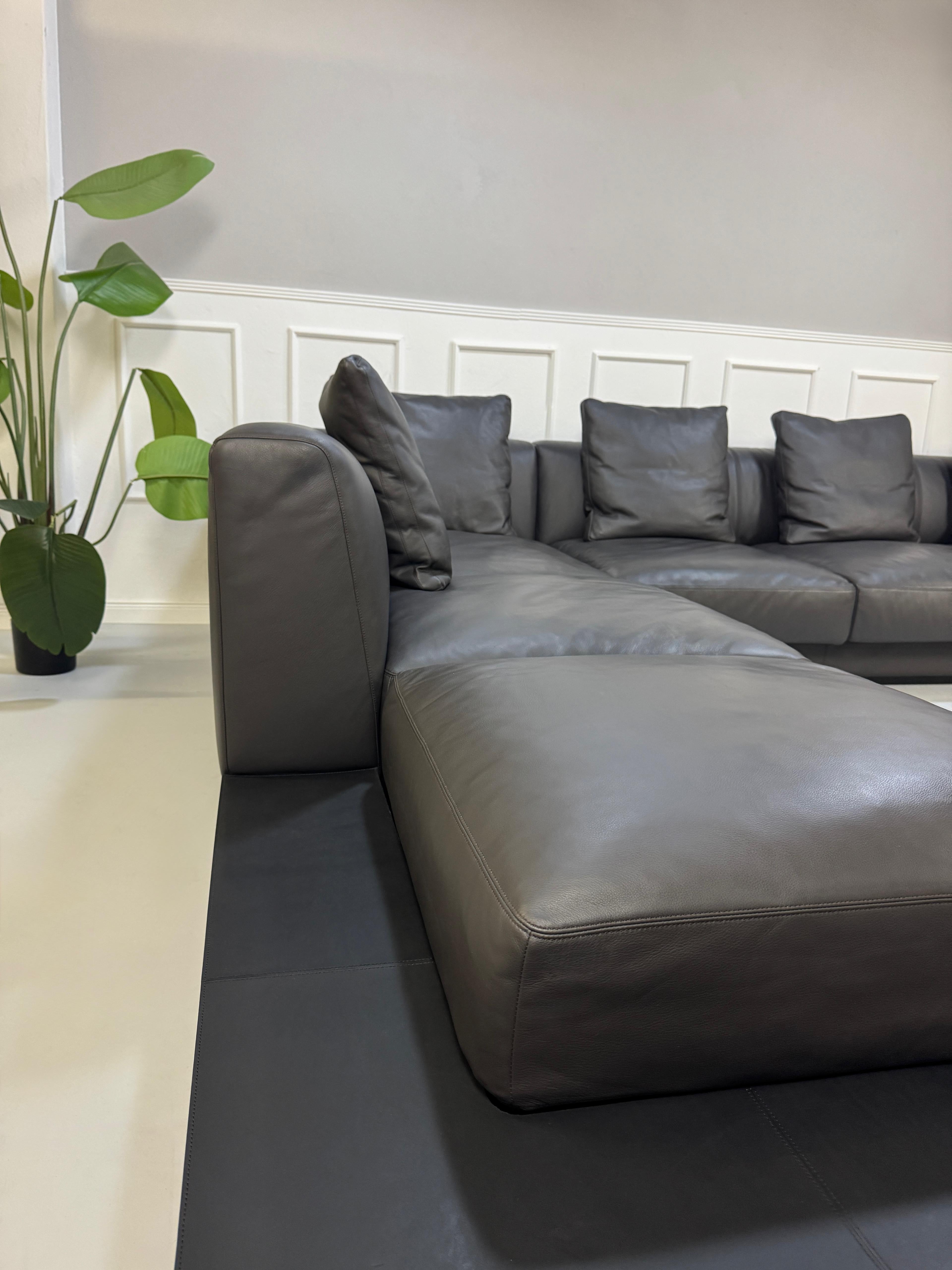 Gebrauchtes schwarzes Walter Knoll Yuuto Designer Leder Sofa vor einer Wand, stilvoll und modern eingerichtet.