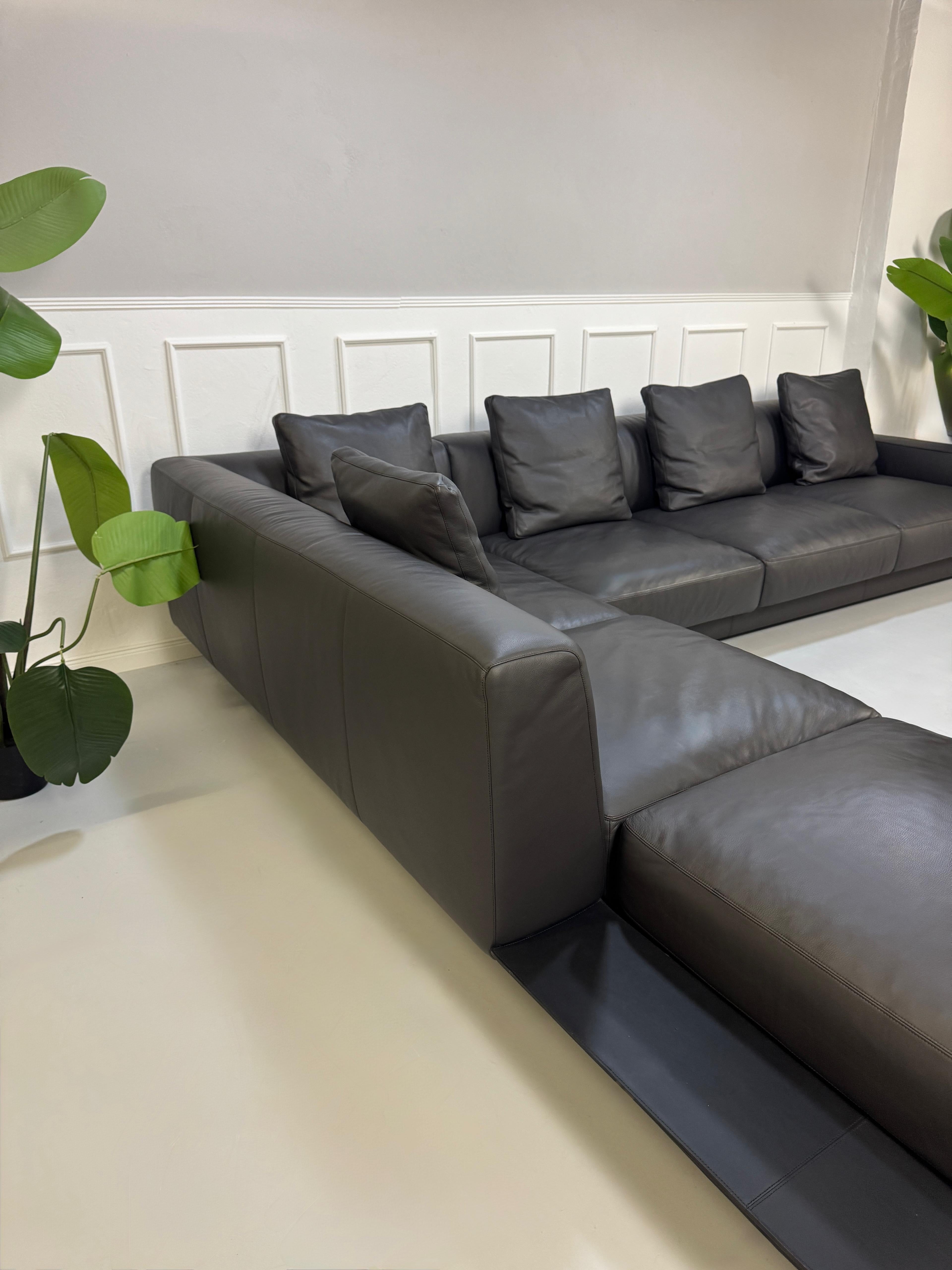 Gebrauchtes schwarzes Walter Knoll Yuuto Designer Leder Sofa vor einer Wand, stilvoll und modern eingerichtet.