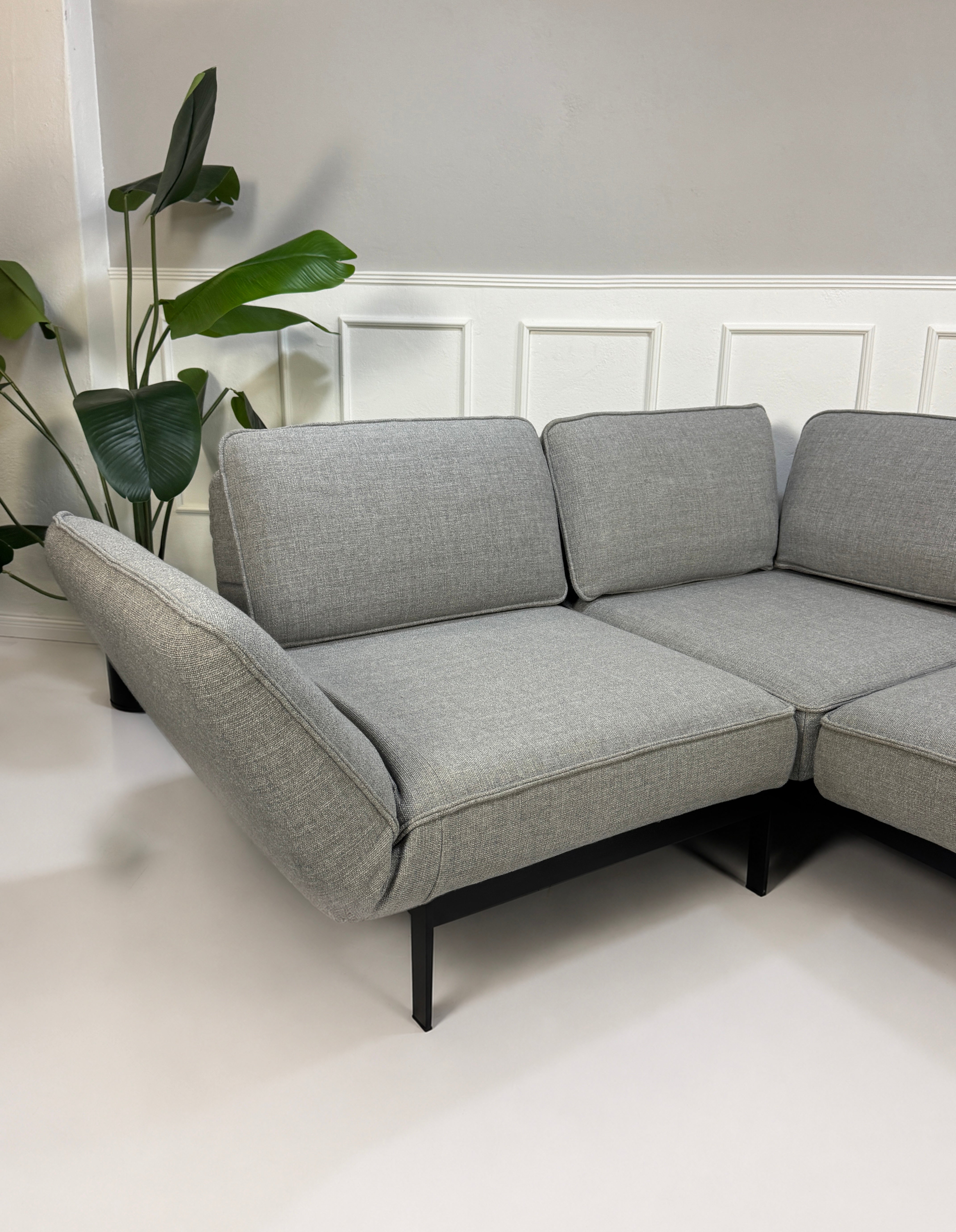 Gebrauchtes graues Rolf Benz Mera Designer Stoff Sofa vor einer Wand, stilvoll und modern eingerichtet.
