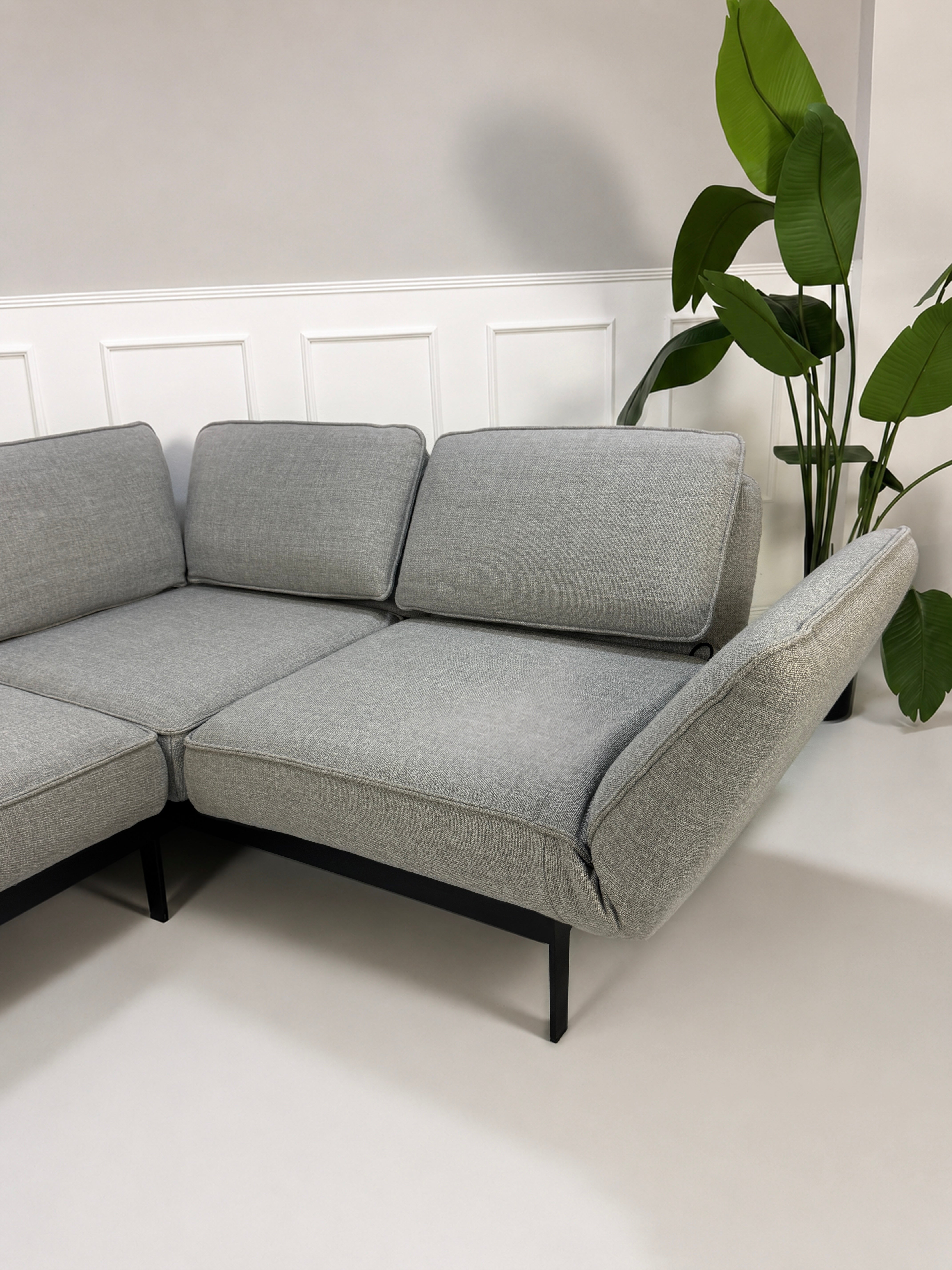 Gebrauchtes graues Rolf Benz Mera Designer Stoff Sofa vor einer Wand, stilvoll und modern eingerichtet.