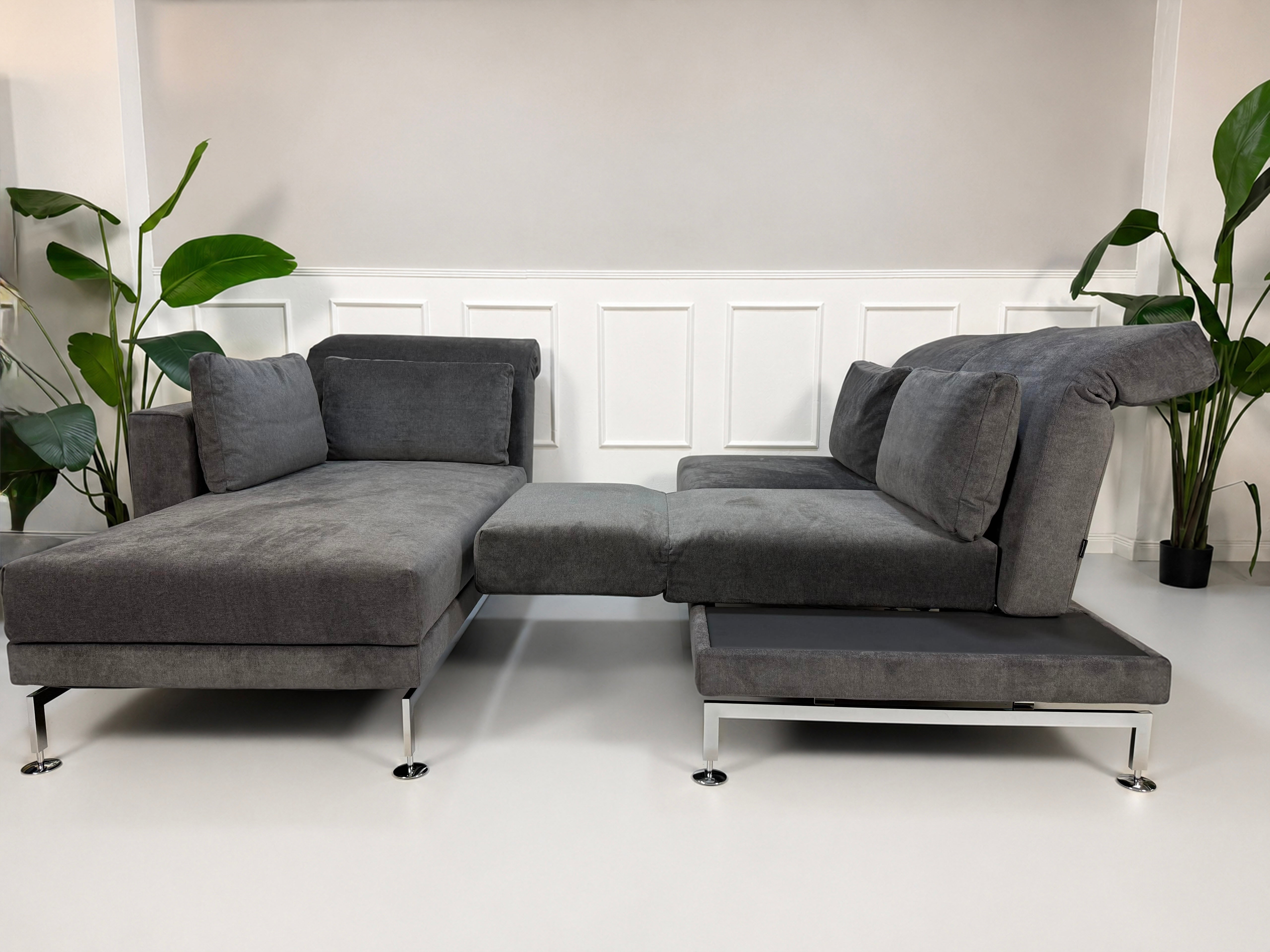 Ausstellungsstück Brühl Moule Designer Stoff Sofa in Grau vor einer Wand, stilvoll und modern eingerichtet.