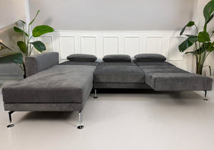 Ausstellungsstück Brühl Moule Designer Stoff Sofa in Grau vor einer Wand, stilvoll und modern eingerichtet.