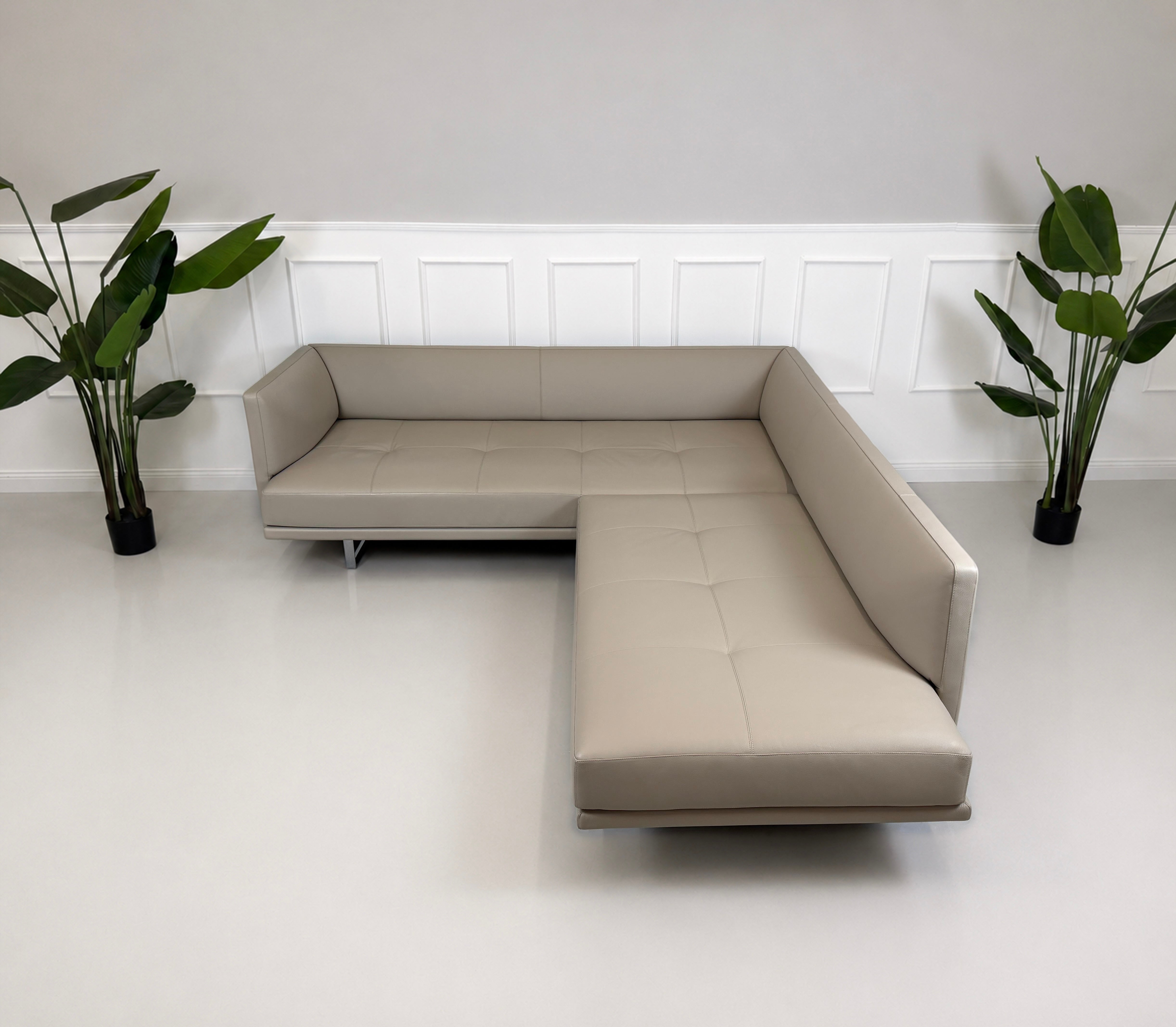 Ausstellungsstück Walter Knoll Prime Time Designer Leder Sofa vor einer Wand, stilvoll und modern eingerichtet.