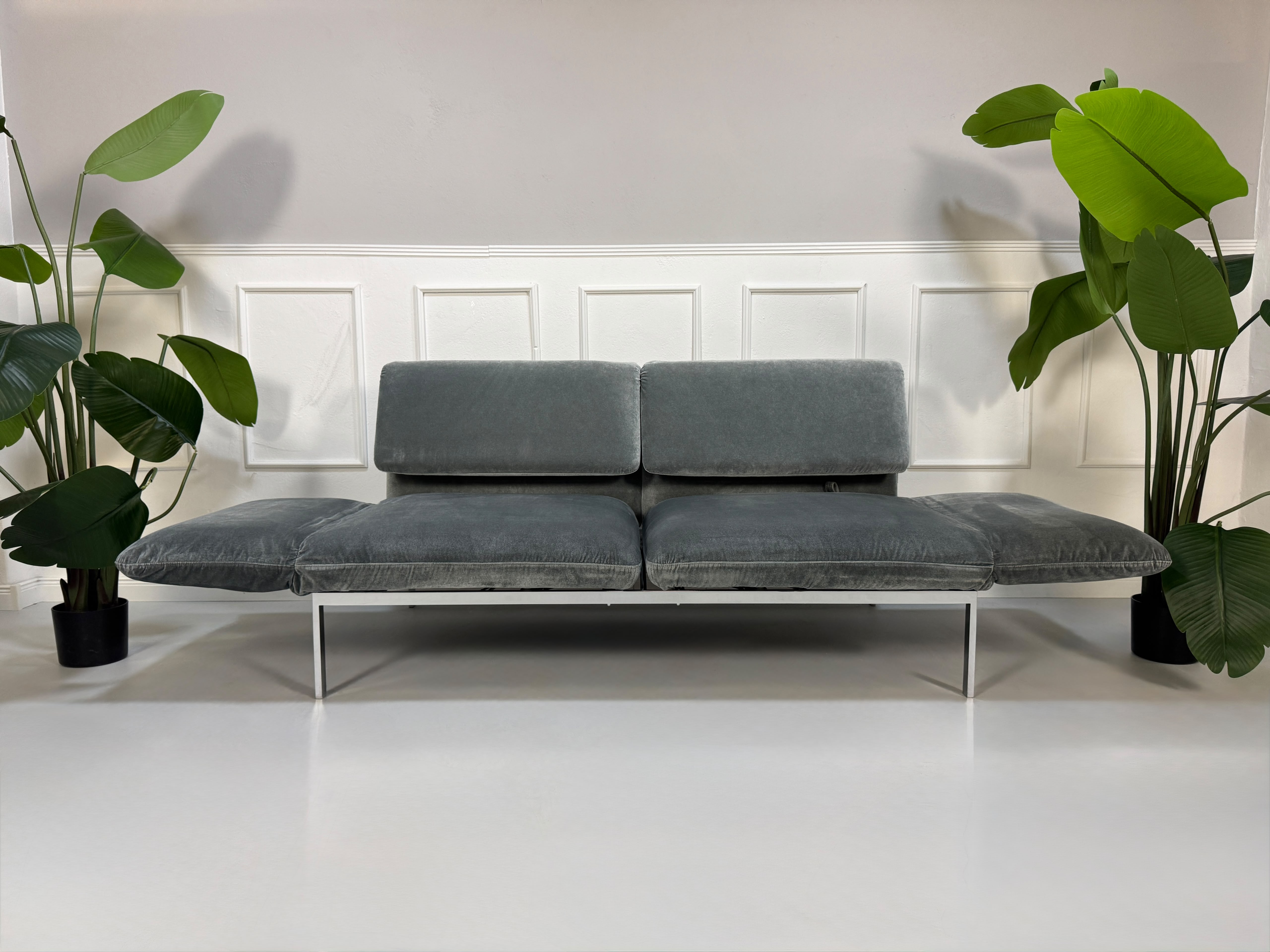Gebrauchtes graues Brühl Roro medium Designer Stoff Sofa vor einer Wand, stilvoll und modern eingerichtet.