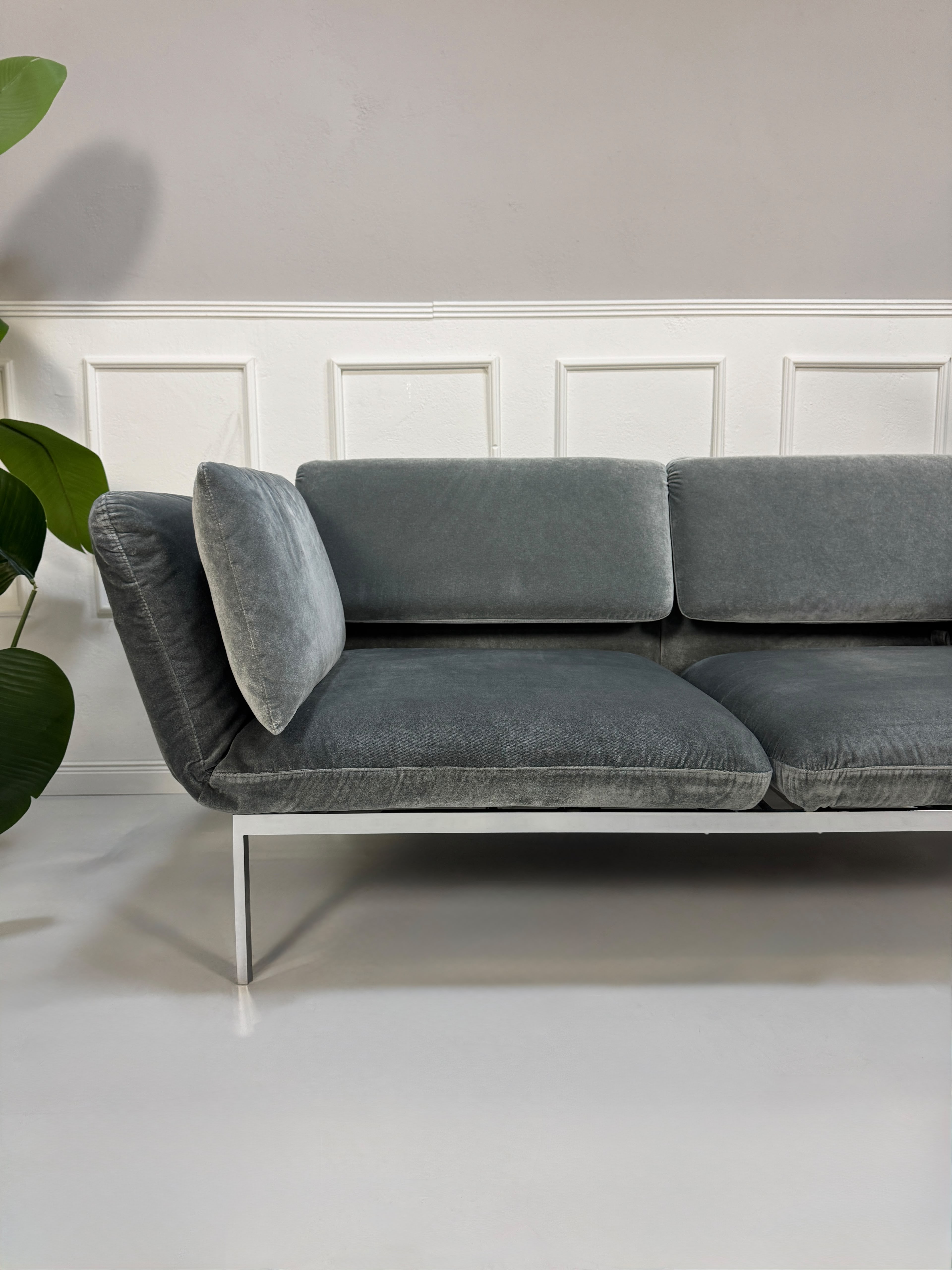 Gebrauchtes graues Brühl Roro medium Designer Stoff Sofa vor einer Wand, stilvoll und modern eingerichtet.