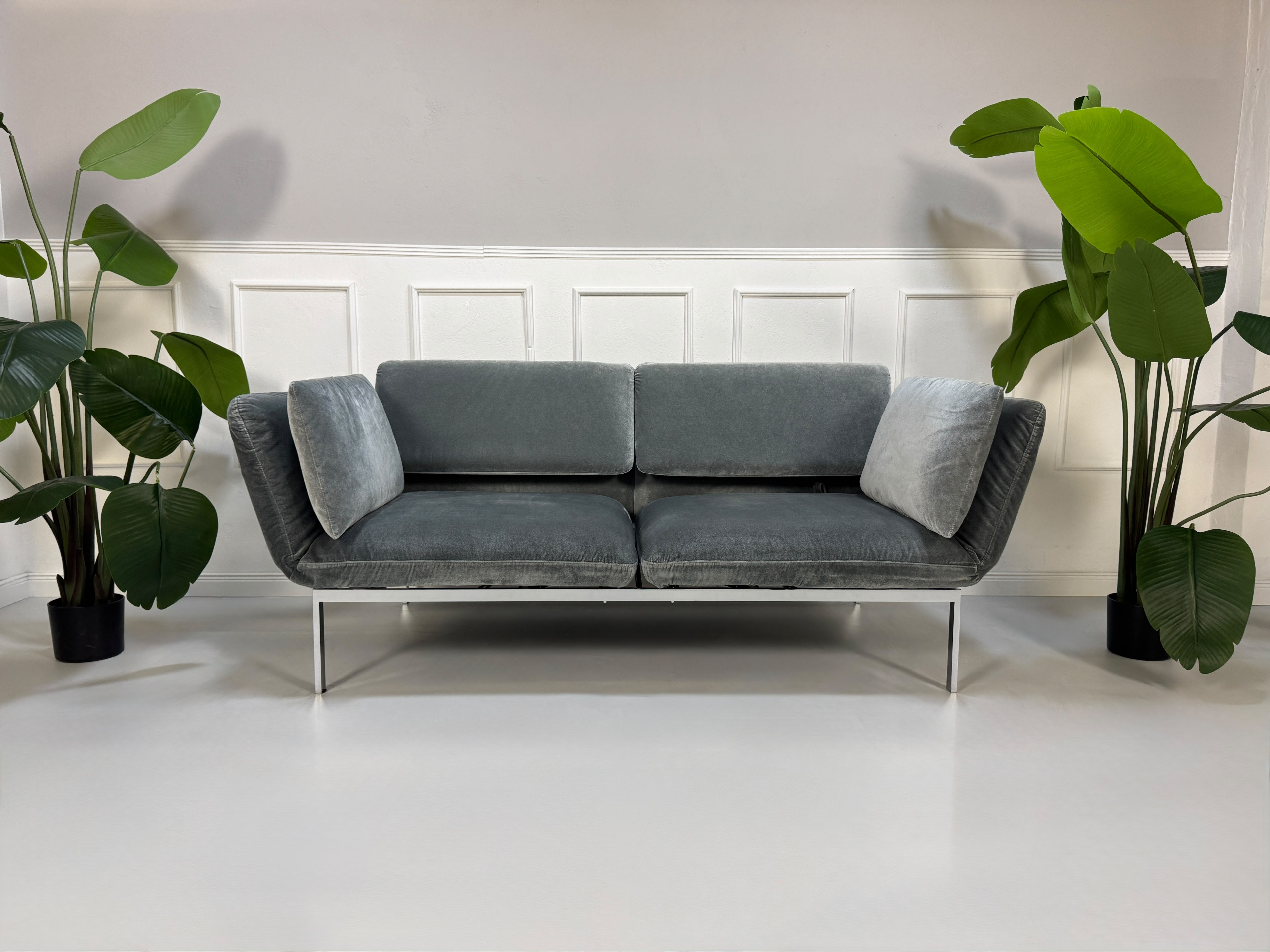 Gebrauchtes graues Brühl Roro medium Designer Stoff Sofa vor einer Wand, stilvoll und modern eingerichtet.