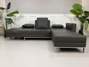 Ausstellungsstück Brühl Four Two  Designer Leder Sofa vor einer Wand, stilvoll und modern eingerichtet.