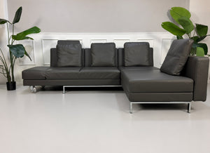 Ausstellungsstück Brühl Four Two  Designer Leder Sofa vor einer Wand, stilvoll und modern eingerichtet.