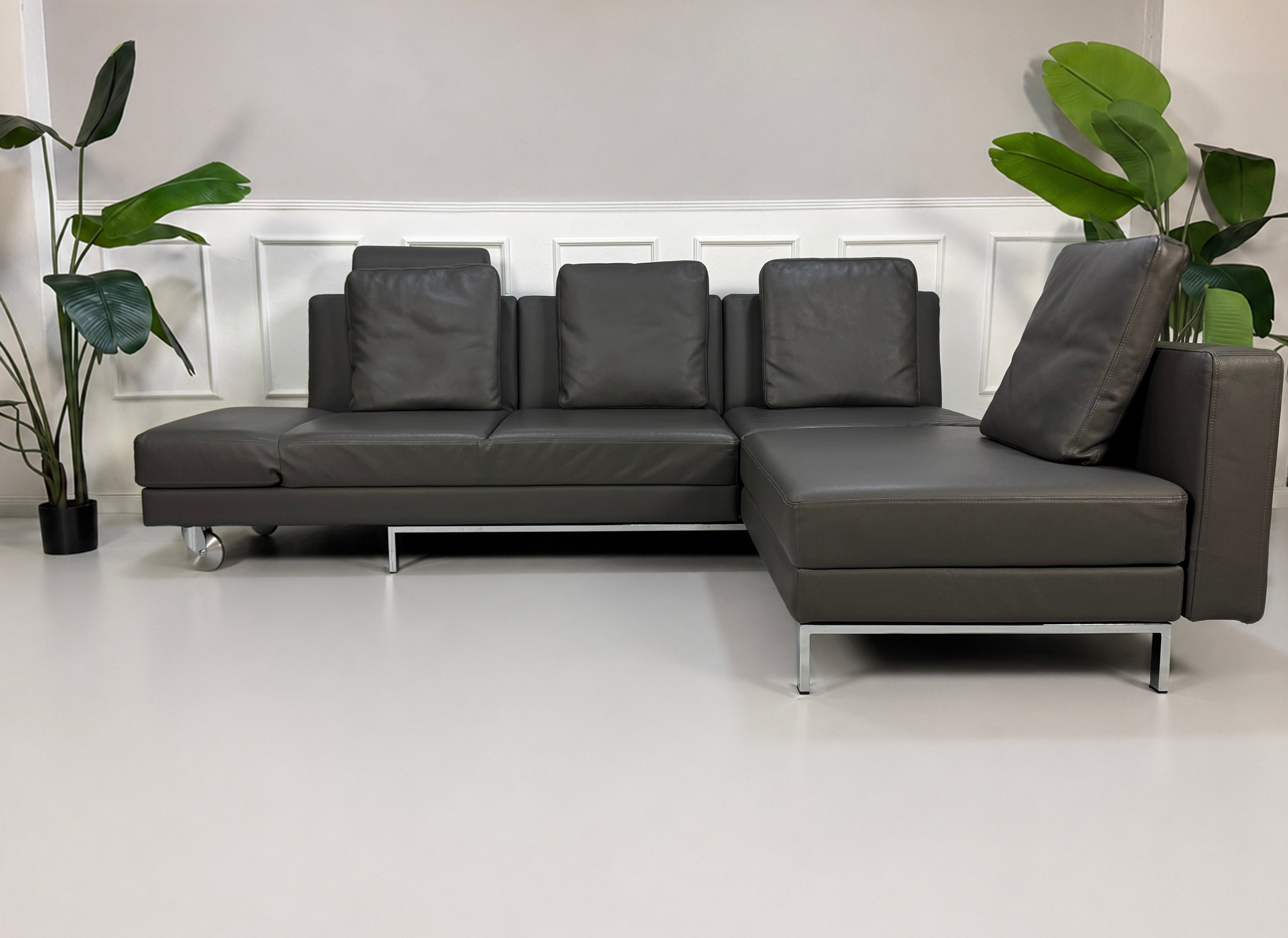 Ausstellungsstück Brühl Four Two  Designer Leder Sofa vor einer Wand, stilvoll und modern eingerichtet.