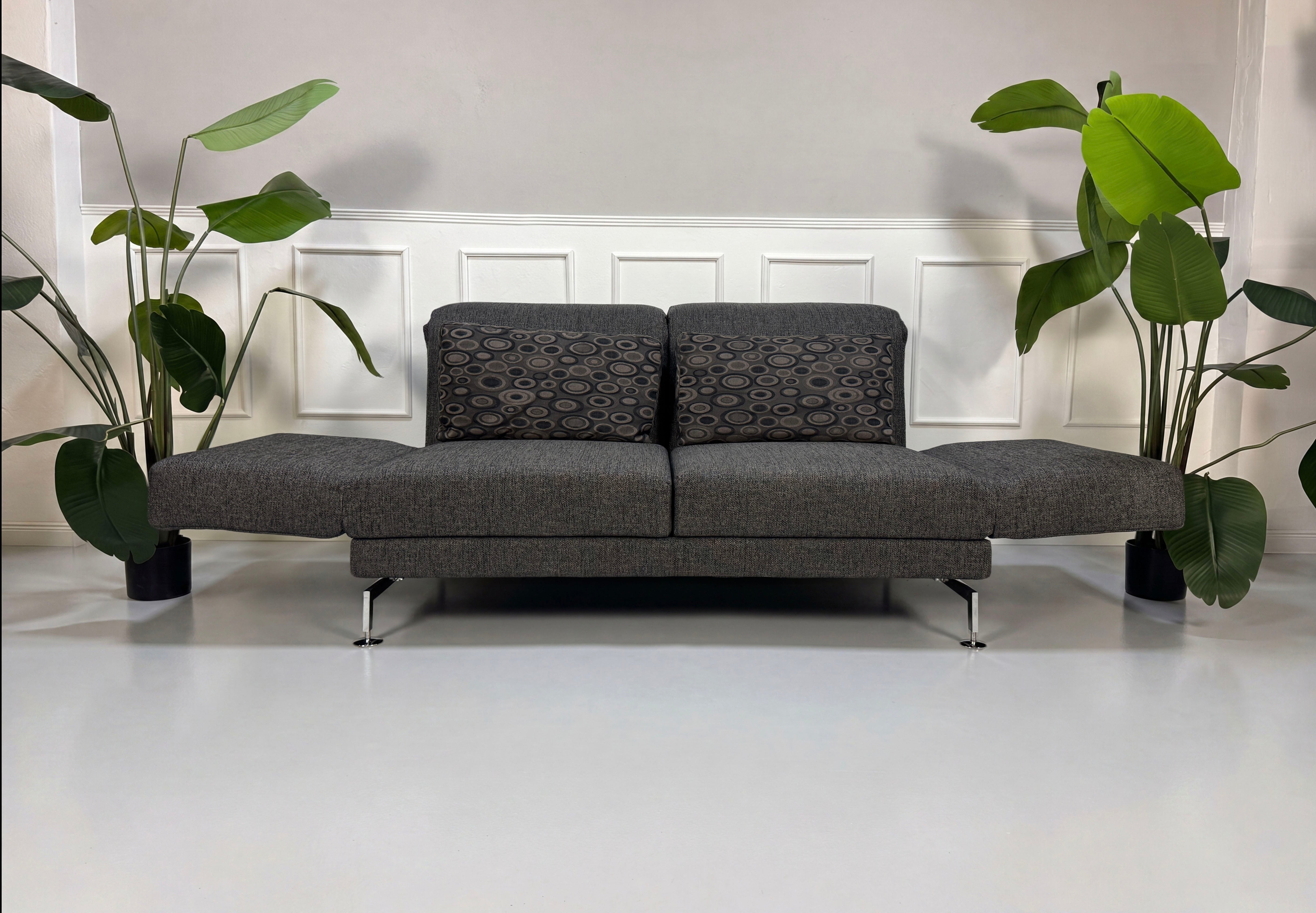 Gebrauchtes graues Brühl Moule Designer Stoff Sofa vor einer Wand, stilvoll und modern eingerichtet.
