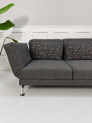 Gebrauchtes graues Brühl Moule Designer Stoff Sofa vor einer Wand, stilvoll und modern eingerichtet.