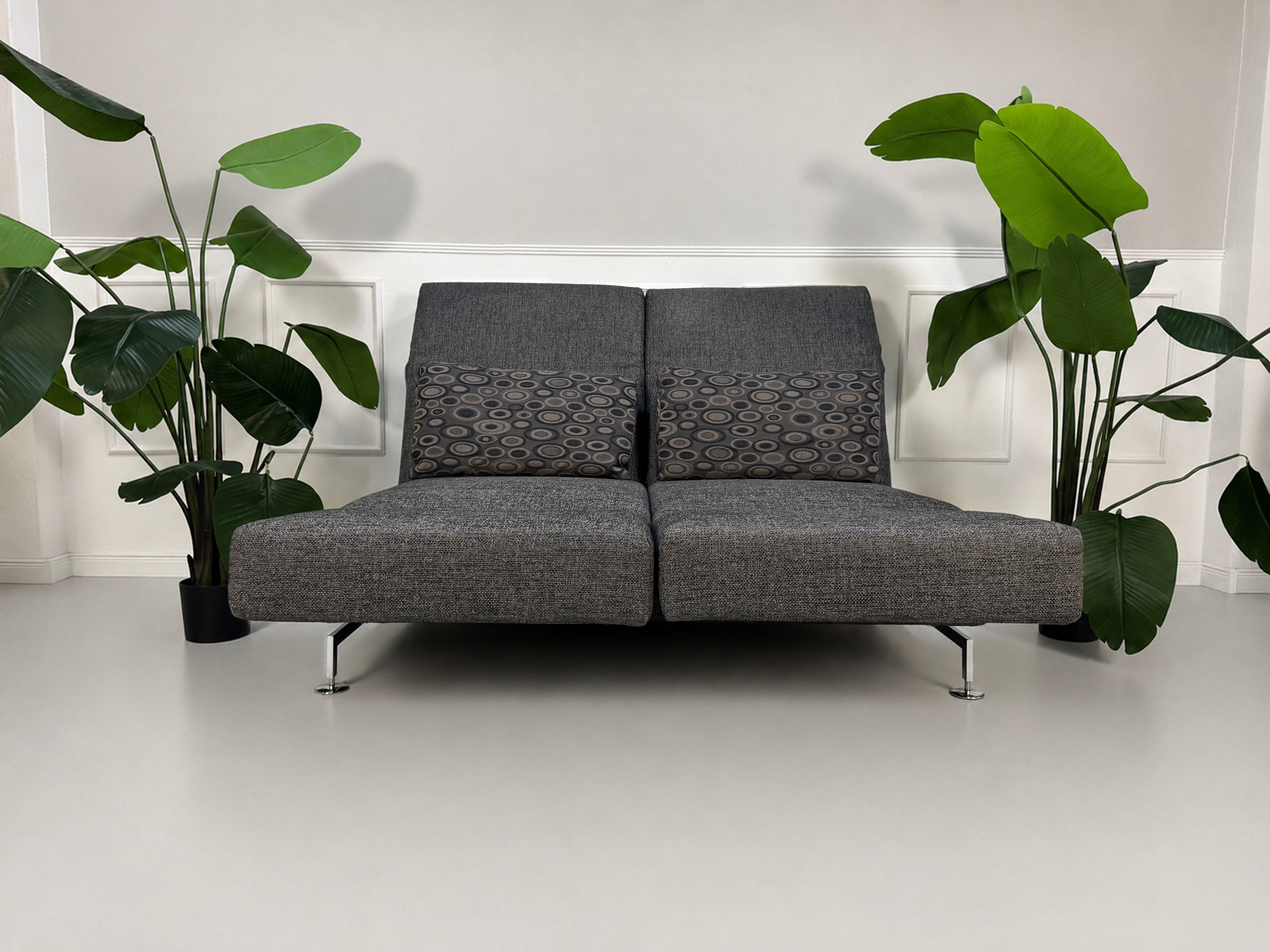 Gebrauchtes graues Brühl Moule Designer Stoff Sofa vor einer Wand, stilvoll und modern eingerichtet.