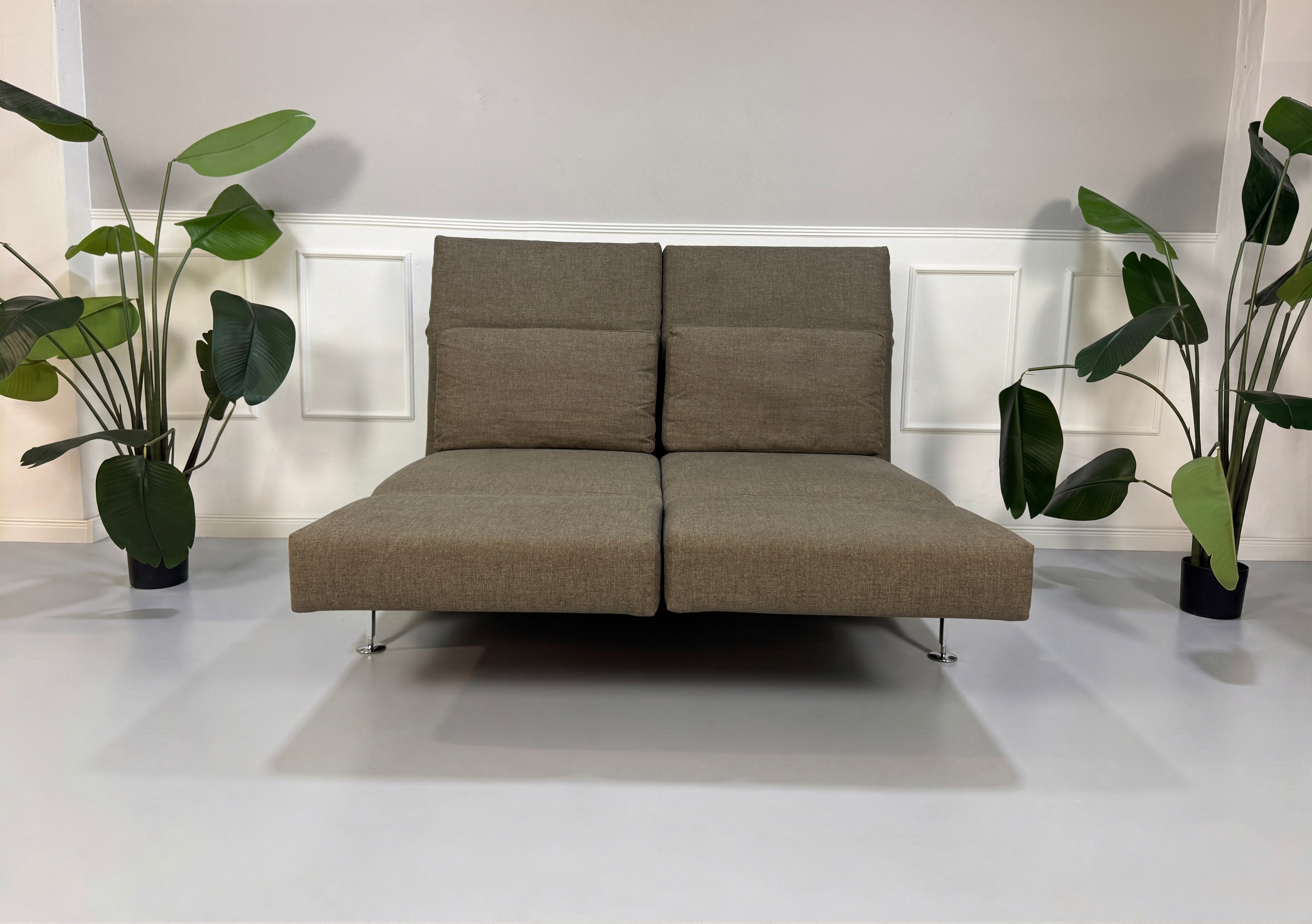 Gebrauchtes braunes Brühl Moule Designer Stoff Sofa vor einer Wand, stilvoll und modern eingerichtet.