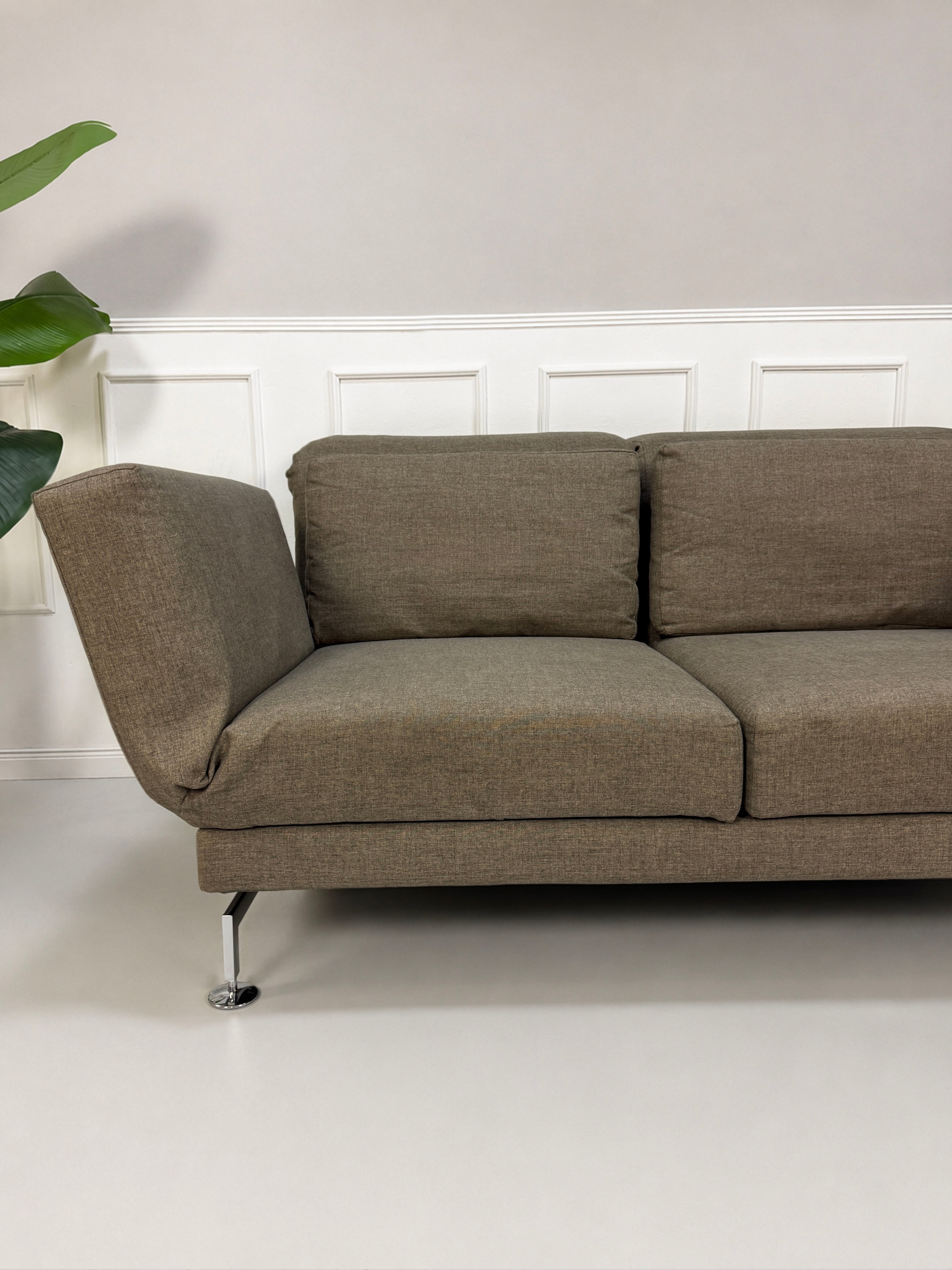 Gebrauchtes braunes Brühl Moule Designer Stoff Sofa vor einer Wand, stilvoll und modern eingerichtet.