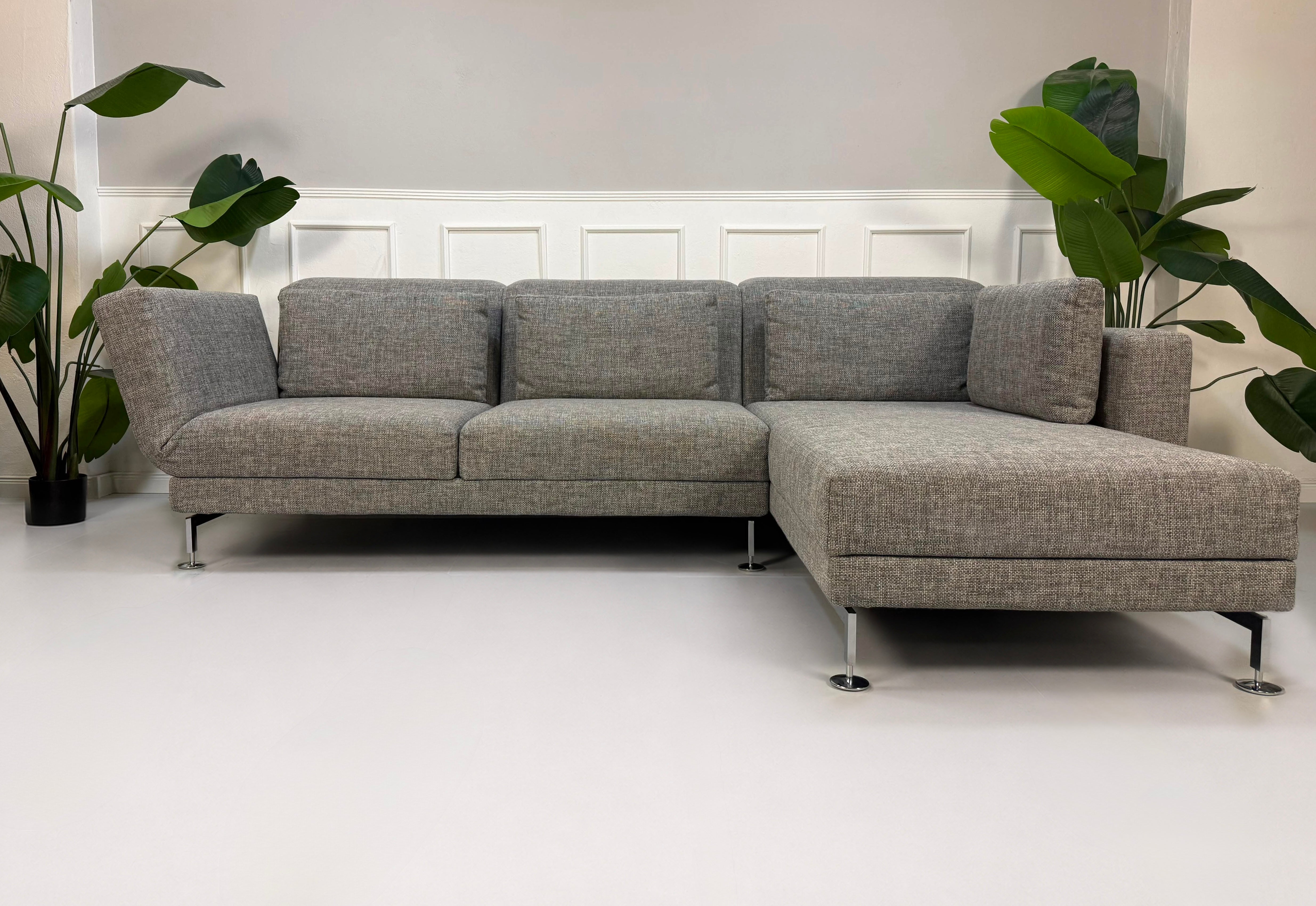 Gebrauchtes graues Brühl Moule Designer Stoff Sofa vor einer Wand, stilvoll und modern eingerichtet.