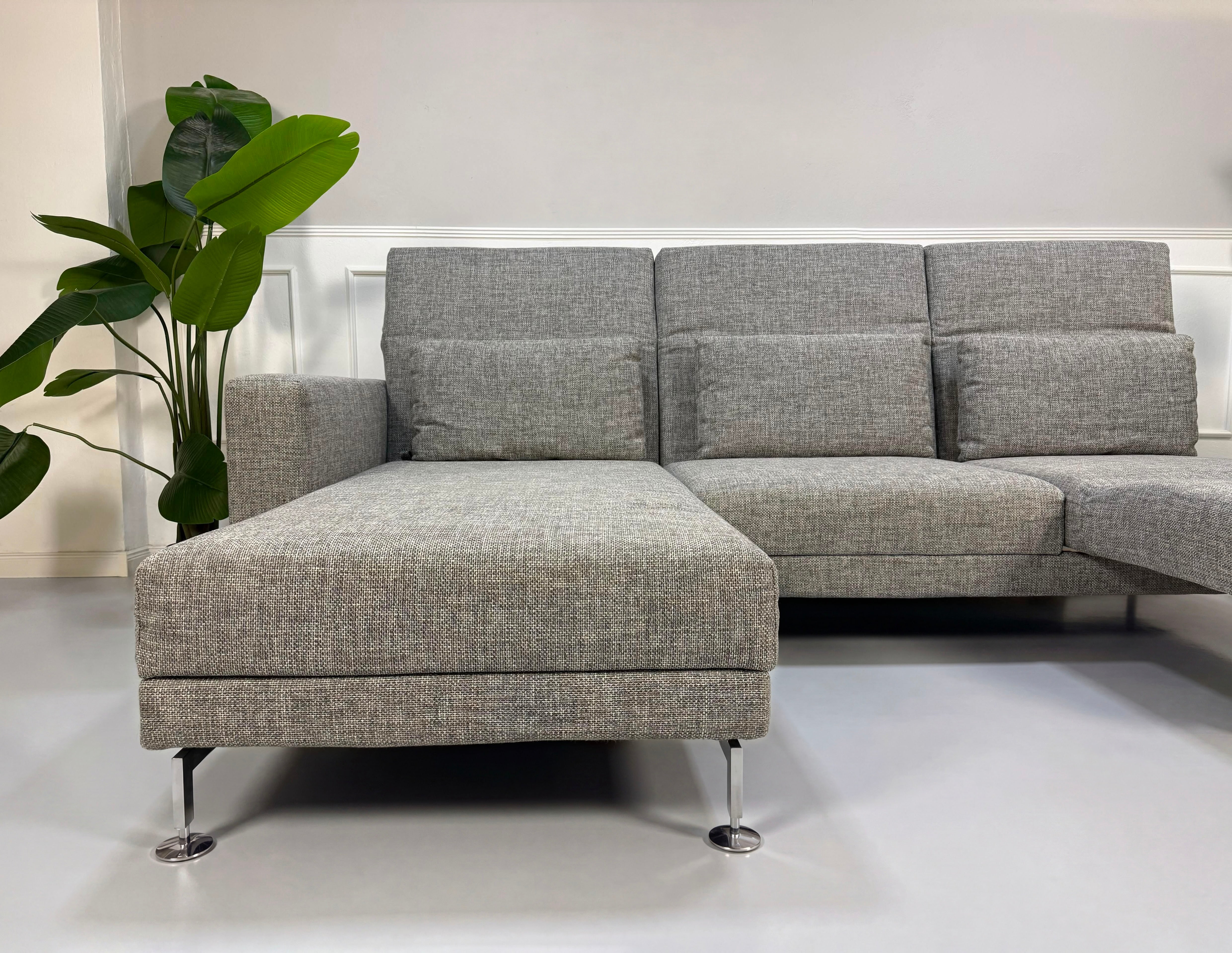 Gebrauchtes graues Brühl Designer Stoff Sofa vor einer Wand, stilvoll und modern eingerichtet.