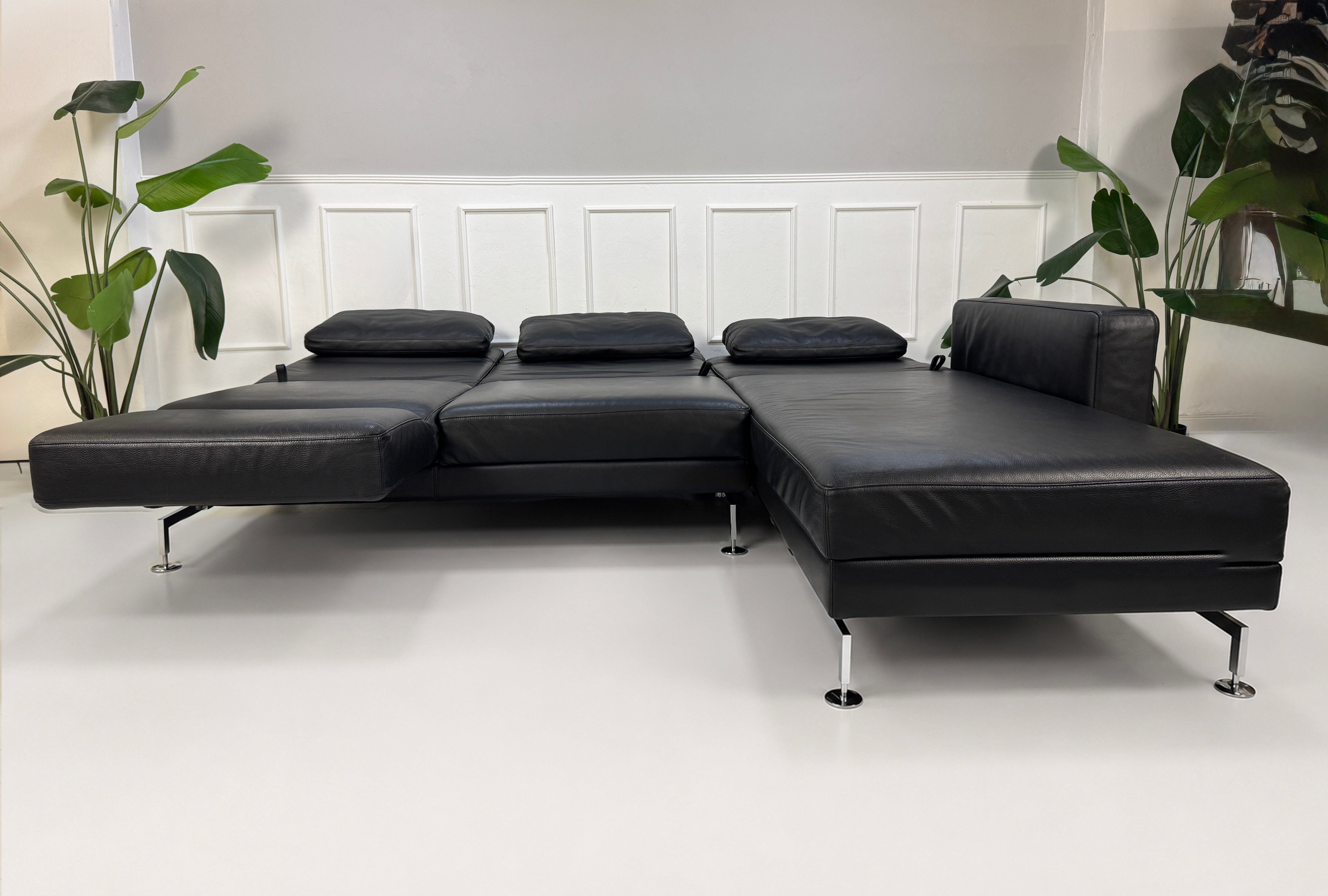 Gebrauchtes schwarzes Brühl Moule Designer Leder Sofa vor einer Wand, stilvoll und modern eingerichtet.