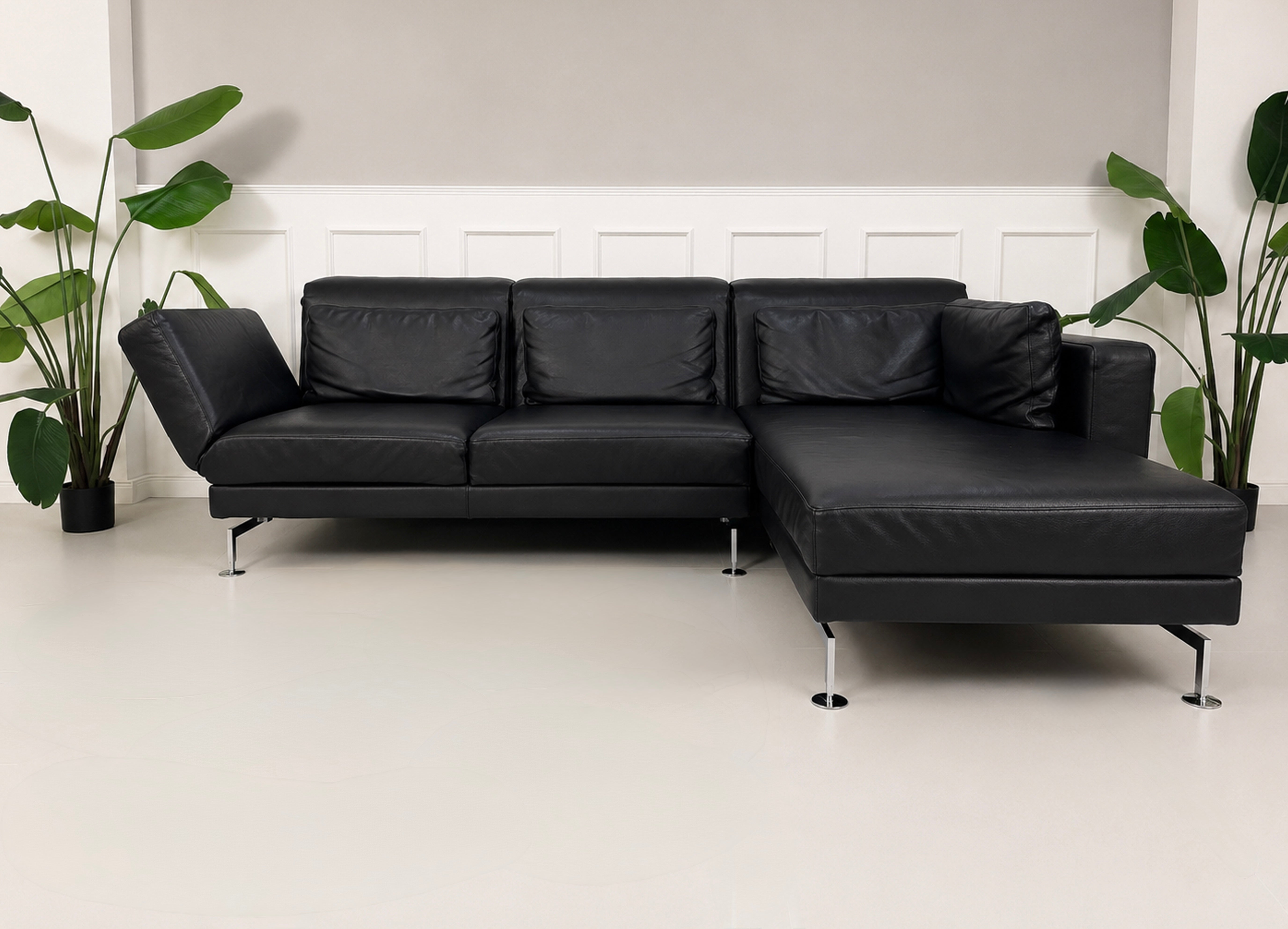 Gebrauchtes schwarzes Brühl Moule Designer Leder Sofa vor einer Wand, stilvoll und modern eingerichtet.
