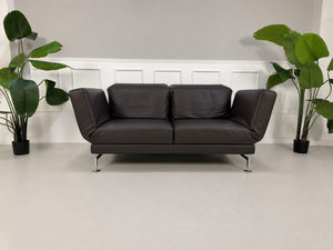 Gebrauchtes braunes Brühl Moule Designer Leder Sofa vor einer Wand, stilvoll und modern eingerichtet.