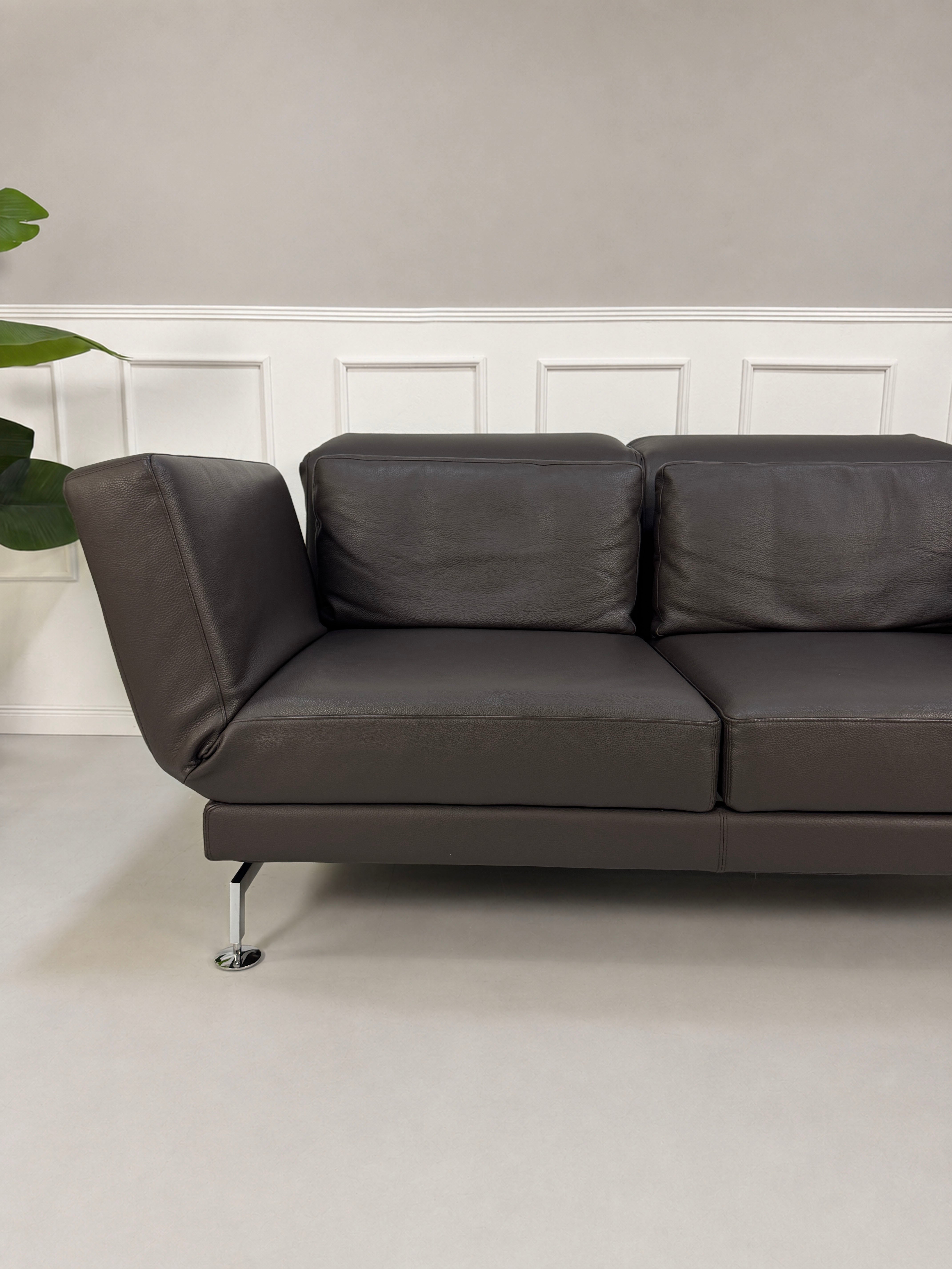 Gebrauchtes braunes Brühl Moule Designer Leder Sofa vor einer Wand, stilvoll und modern eingerichtet.