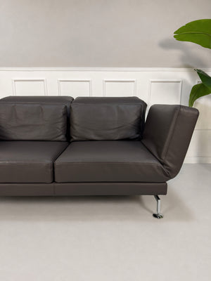 Gebrauchtes braunes Brühl Moule Designer Leder Sofa vor einer Wand, stilvoll und modern eingerichtet.