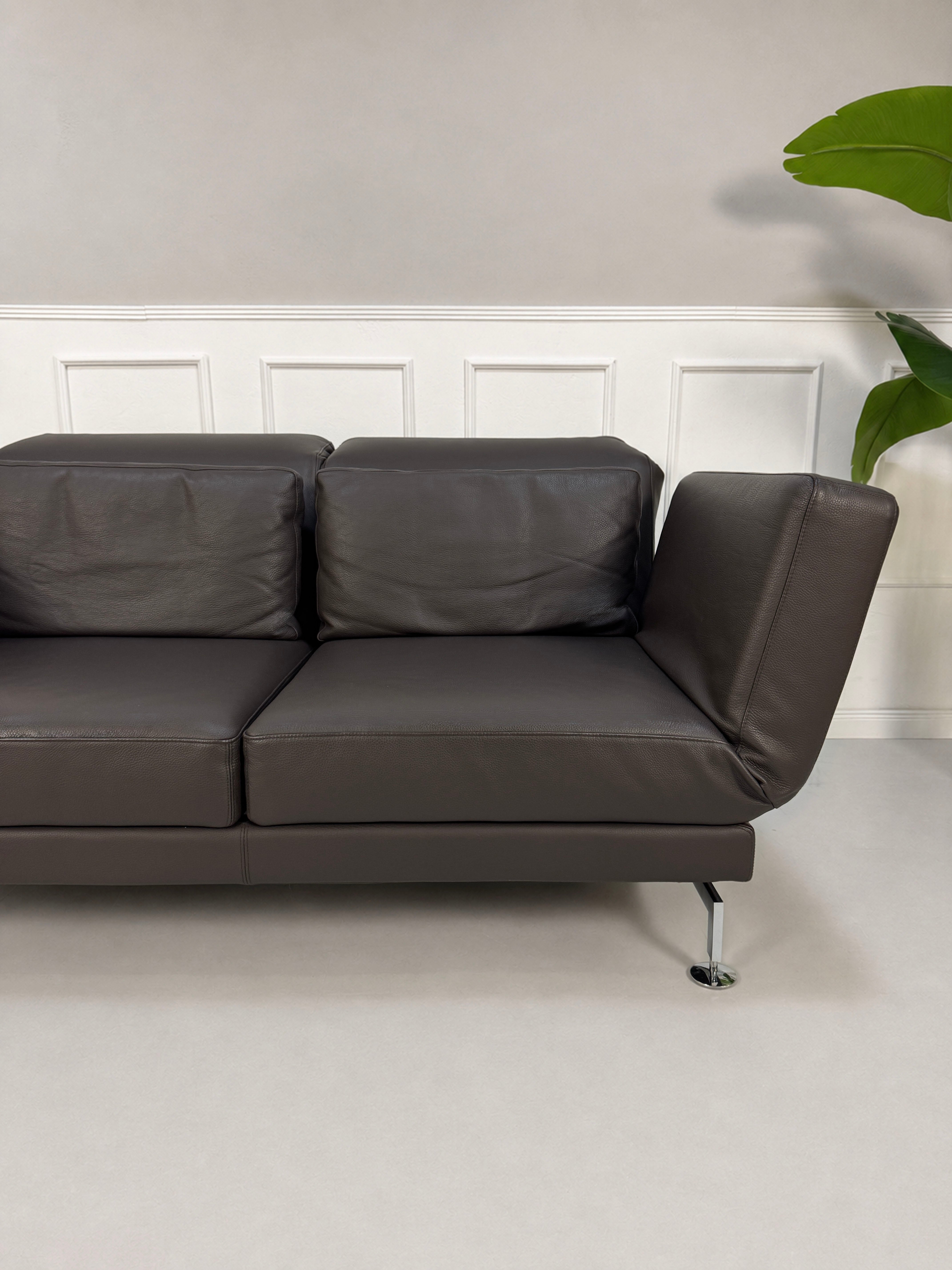 Gebrauchtes braunes Brühl Moule Designer Leder Sofa vor einer Wand, stilvoll und modern eingerichtet.