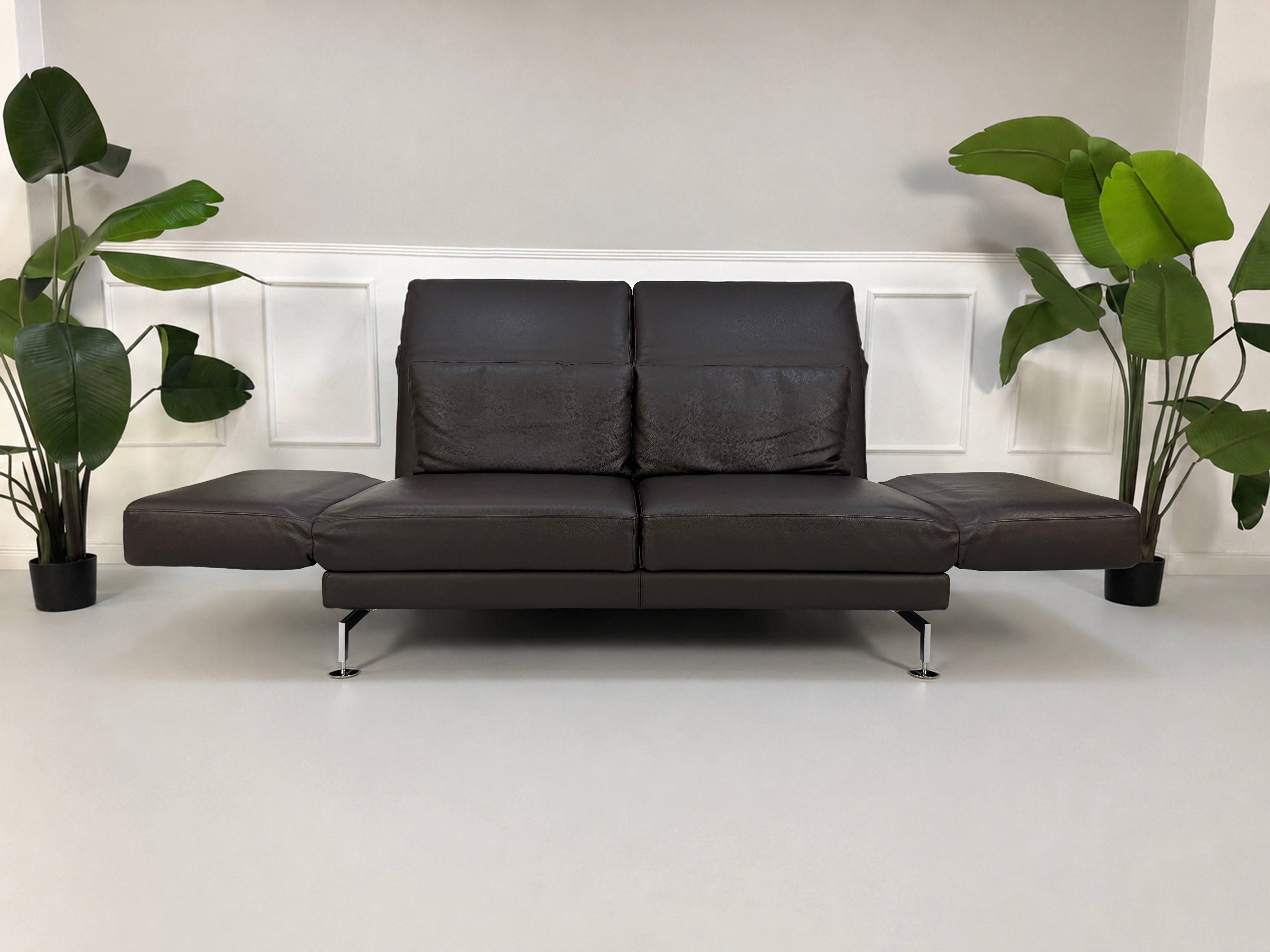 Gebrauchtes braunes Brühl Moule Designer Leder Sofa vor einer Wand, stilvoll und modern eingerichtet.