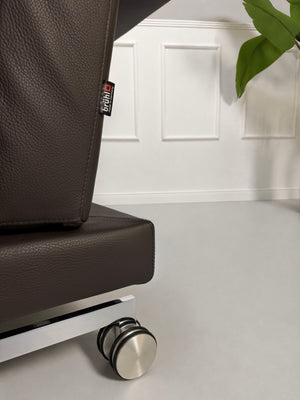 Gebrauchtes braunes Brühl Moule Designer Leder Sofa vor einer Wand, stilvoll und modern eingerichtet.