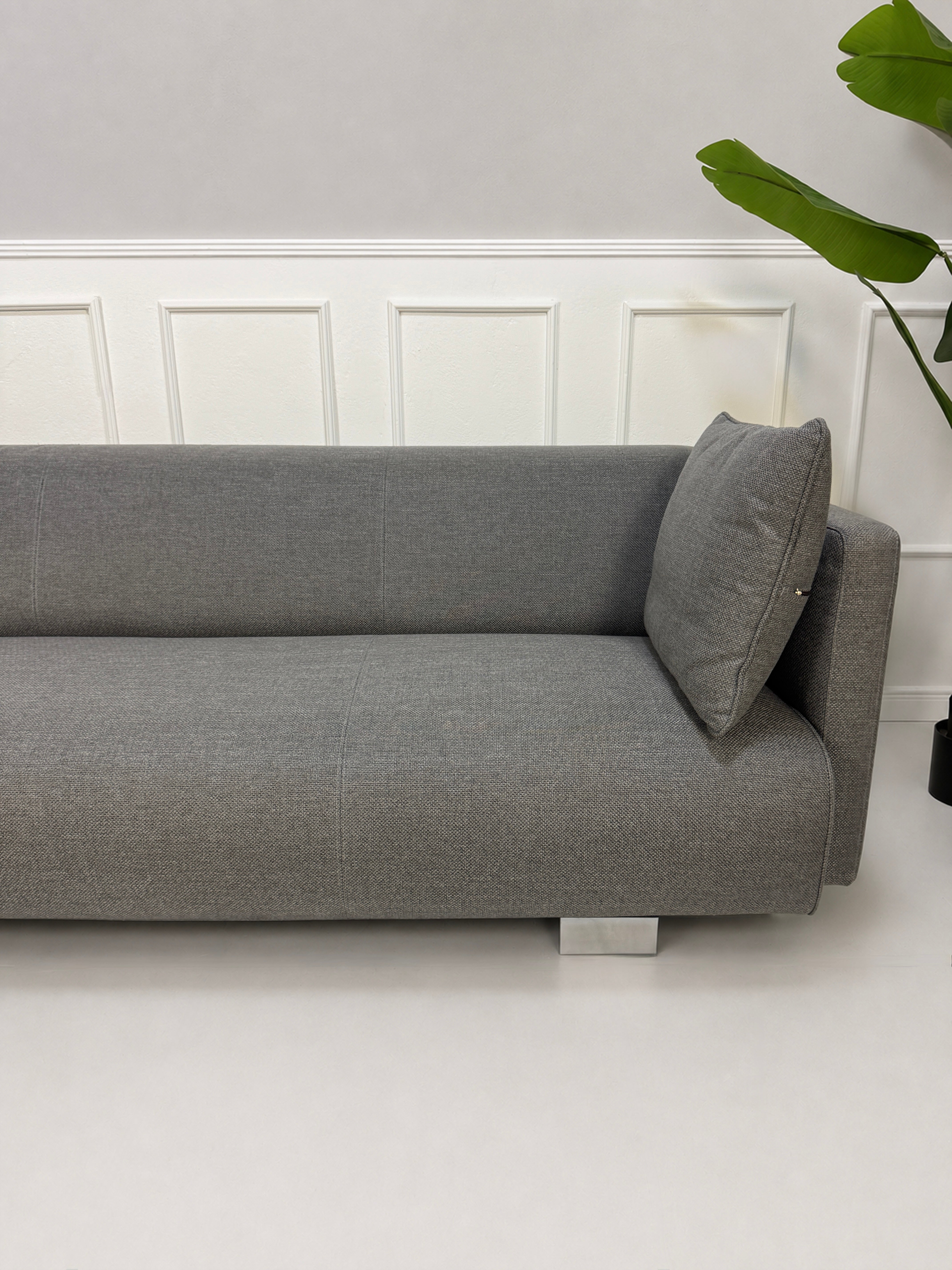 Gebrauchtes graues Rolf Benz 6300 Designer Stoff Sofa vor einer Wand, stilvoll und modern eingerichtet.