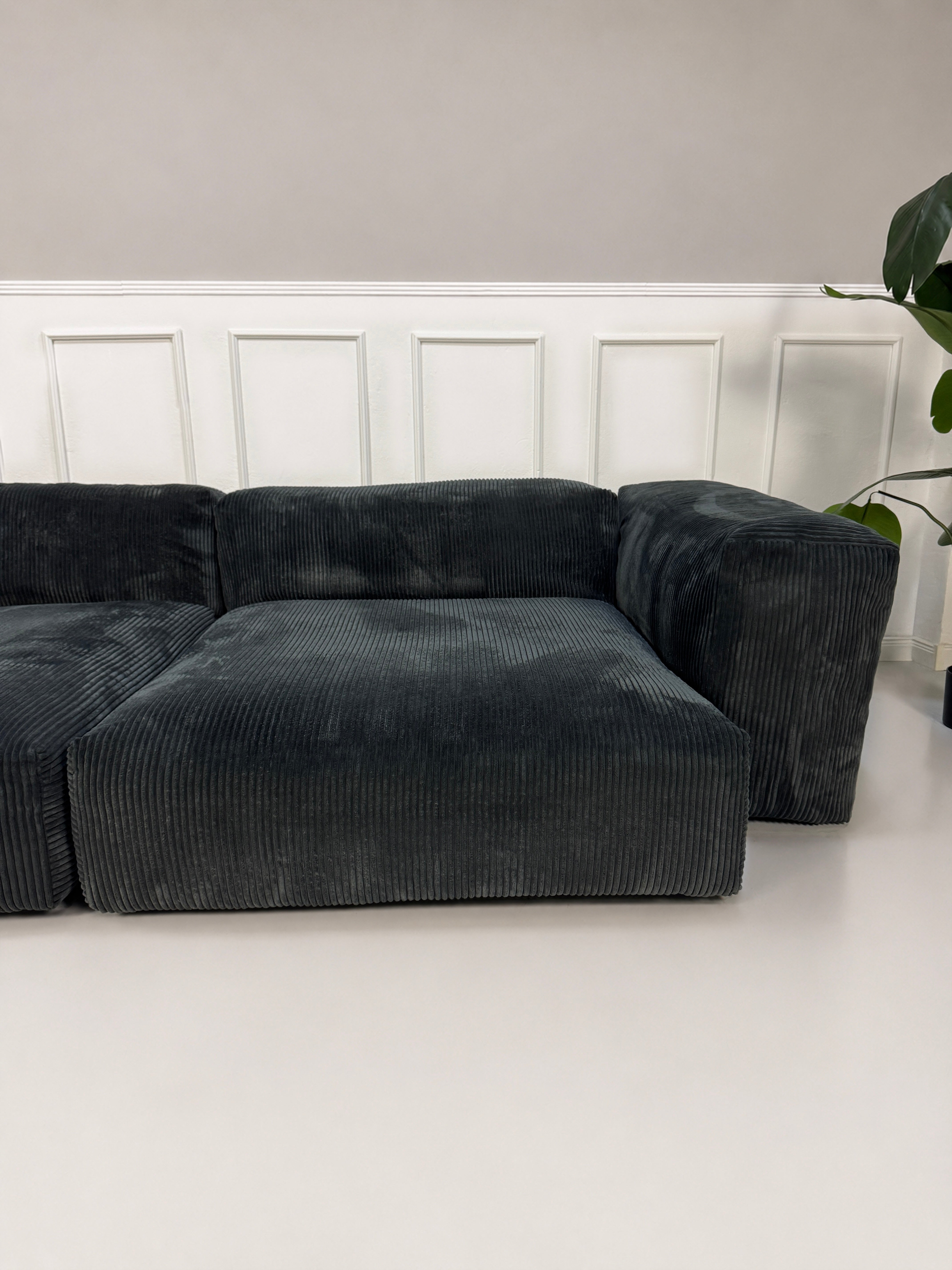 Gebrauchtes graues Vetsak Designer Stoff Sofa vor einer Wand, stilvoll und modern eingerichtet.