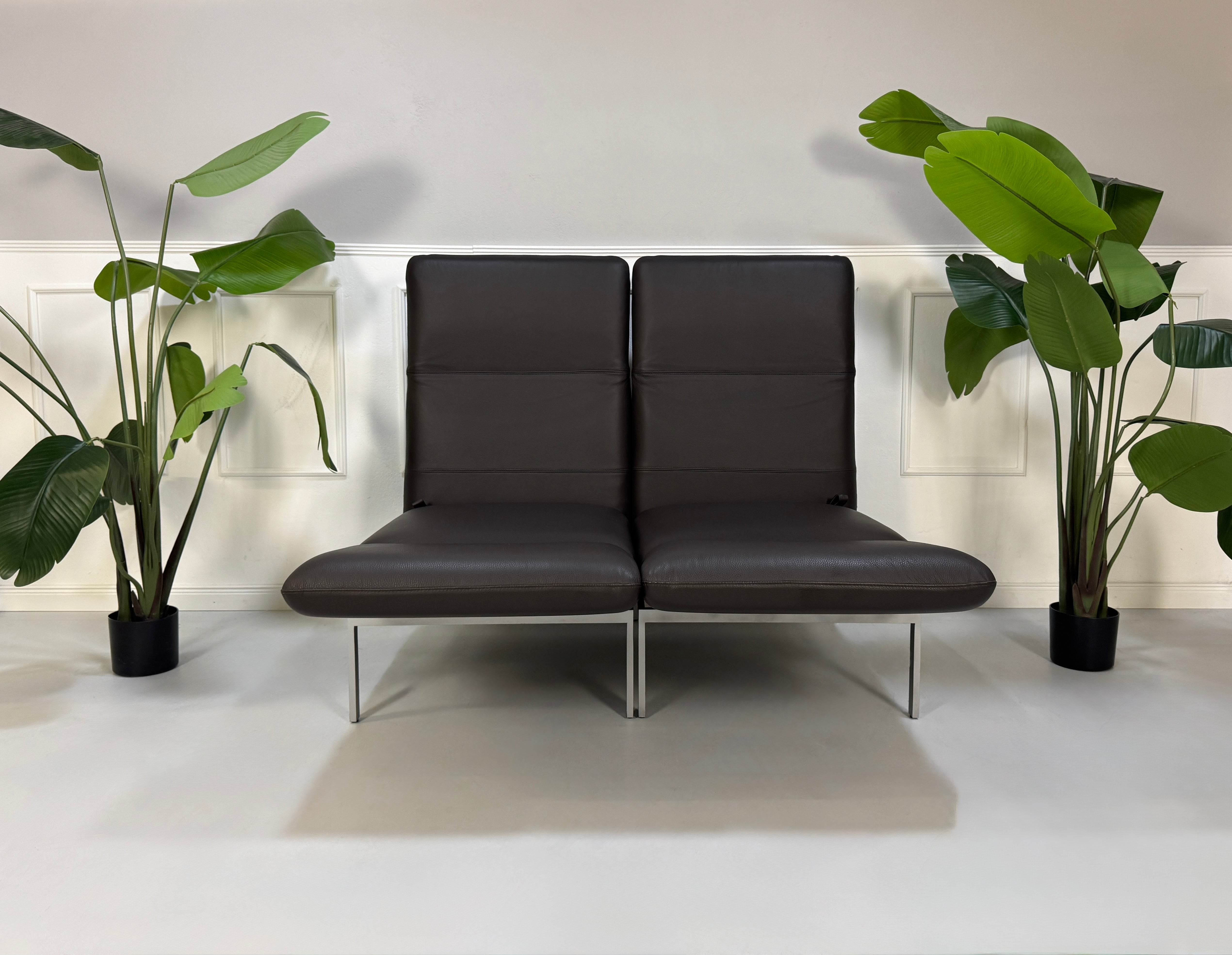 Gebrauchte braune Brühl Roro Designer Leder Sofas vor einer Wand, stilvoll und modern eingerichtet.